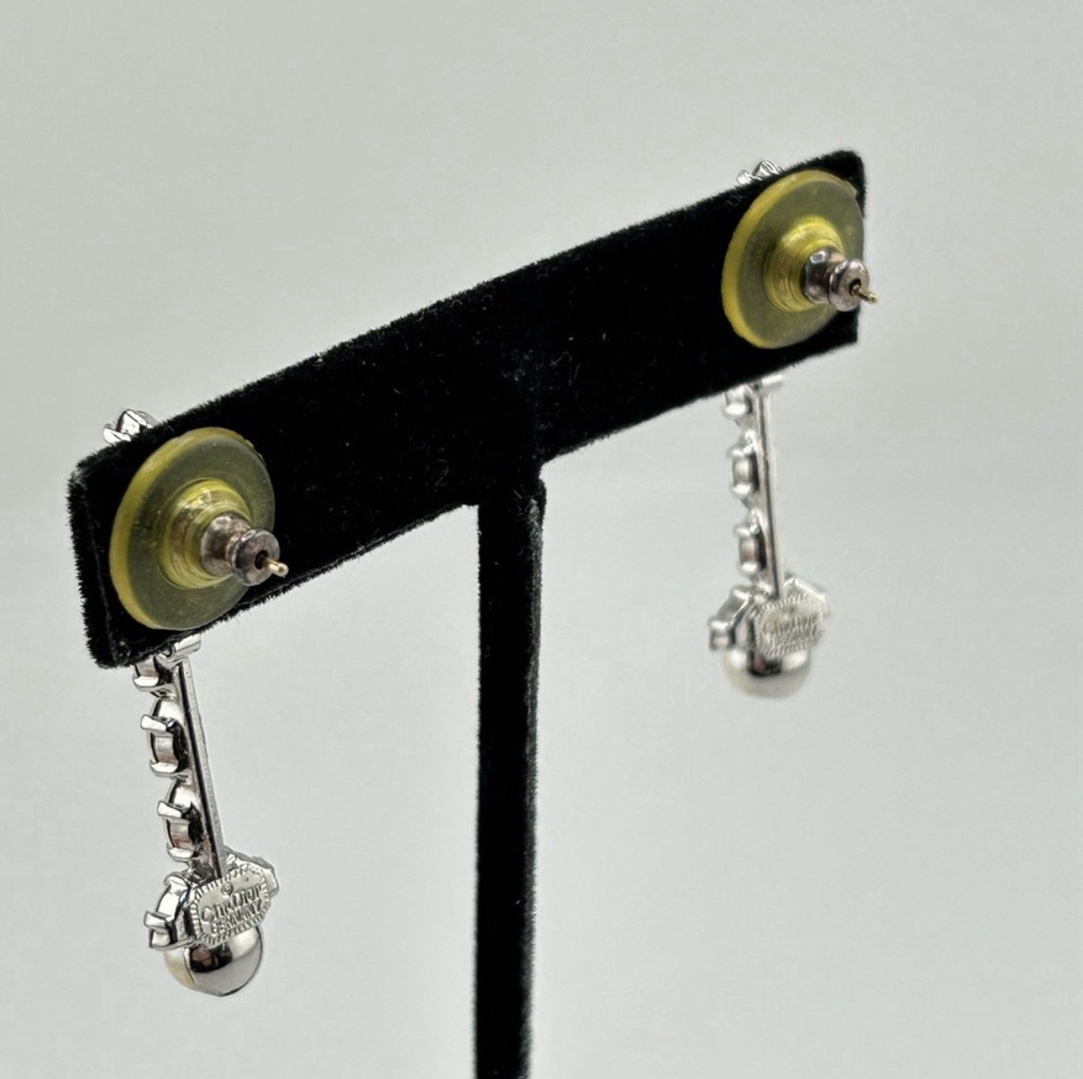 Vintage Signed Christian Dior Drop Earring Rhinestone & Faux Pearl Silver Tone