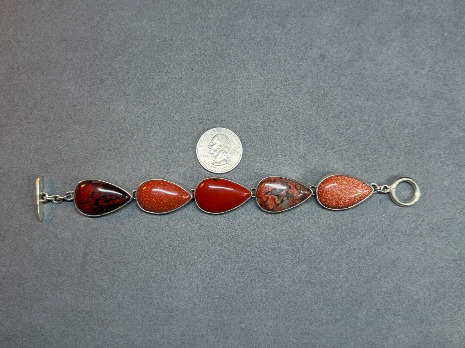 Vintage LOS CASTILLO Mexico Sterling Silver Red & Poppy Jasper Cabochon Bracelet