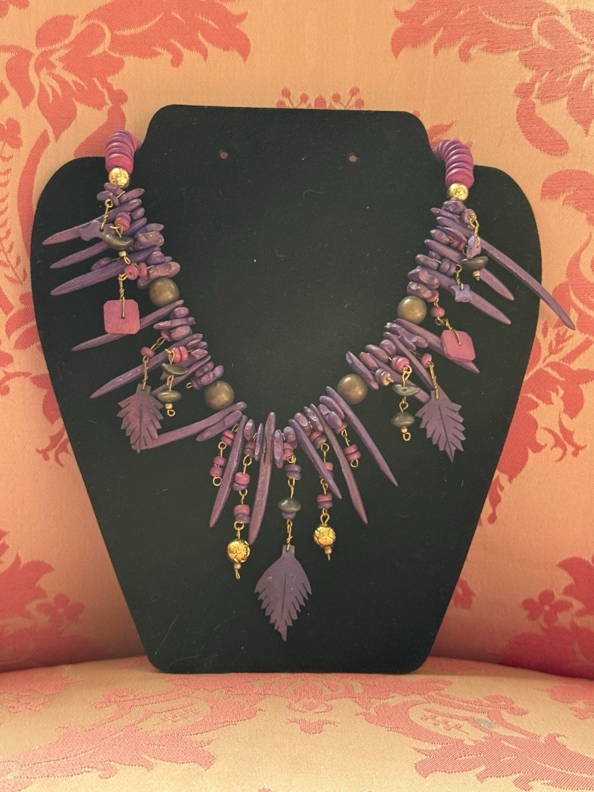 Vintage Funky Spike Purple Wood Leaf Beaded Necklace Tribal Festival Statement