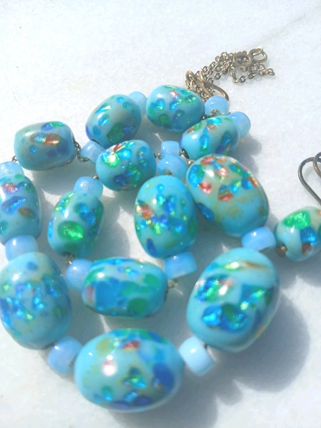 SALE VINTAGE JAPAN FOIL RAINBOW CONFETTI GLASS BARRELL SLIDE CHAIN NECKLACE SET