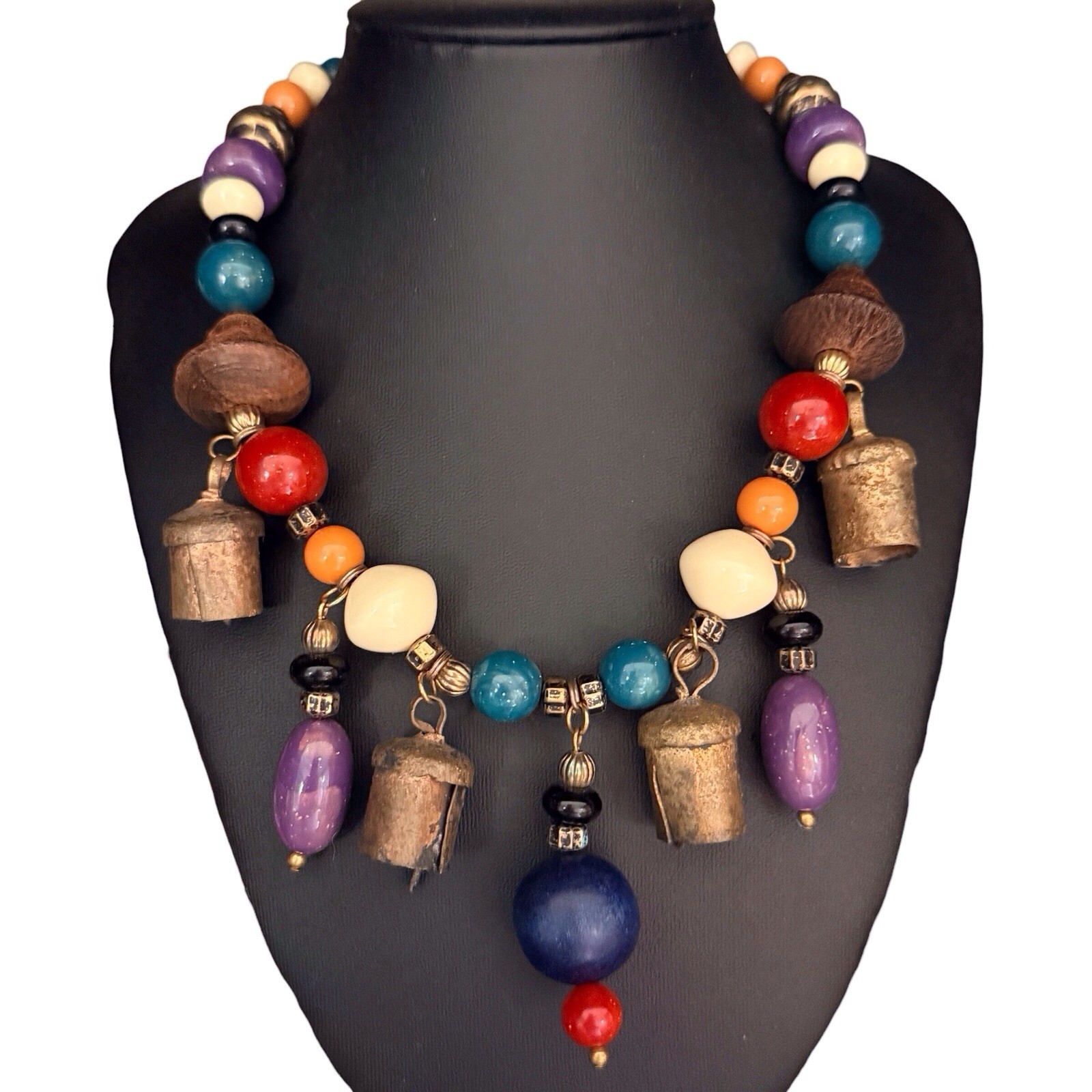 Vintage Carole Dauplaise Necklace BOHO Tibetan Prayer Bells Wood Ceramic Bead B3
