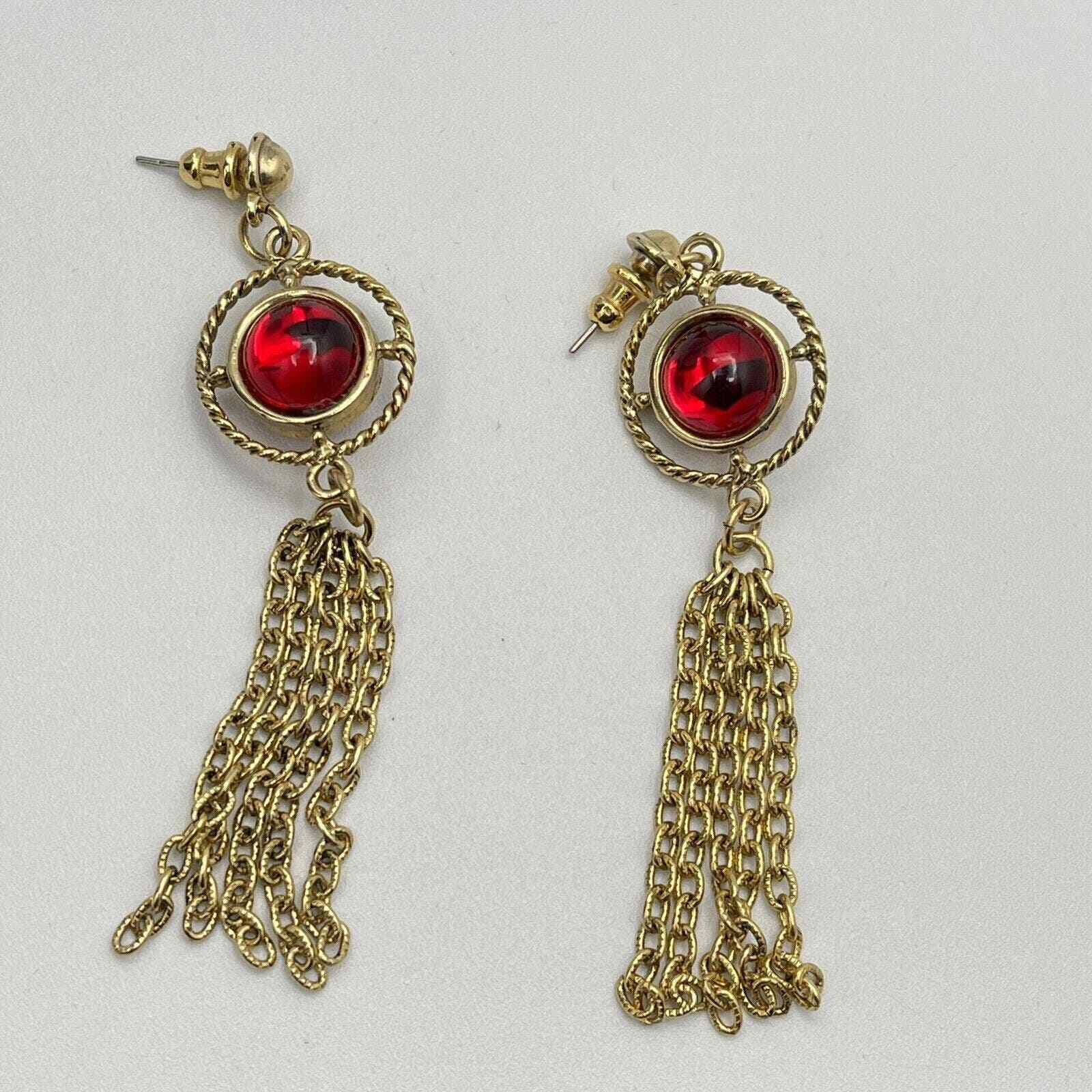 Red Gripoix Style Poured Glass Cabochon Gold Tone Fringe Tassel Earrings 3.25”