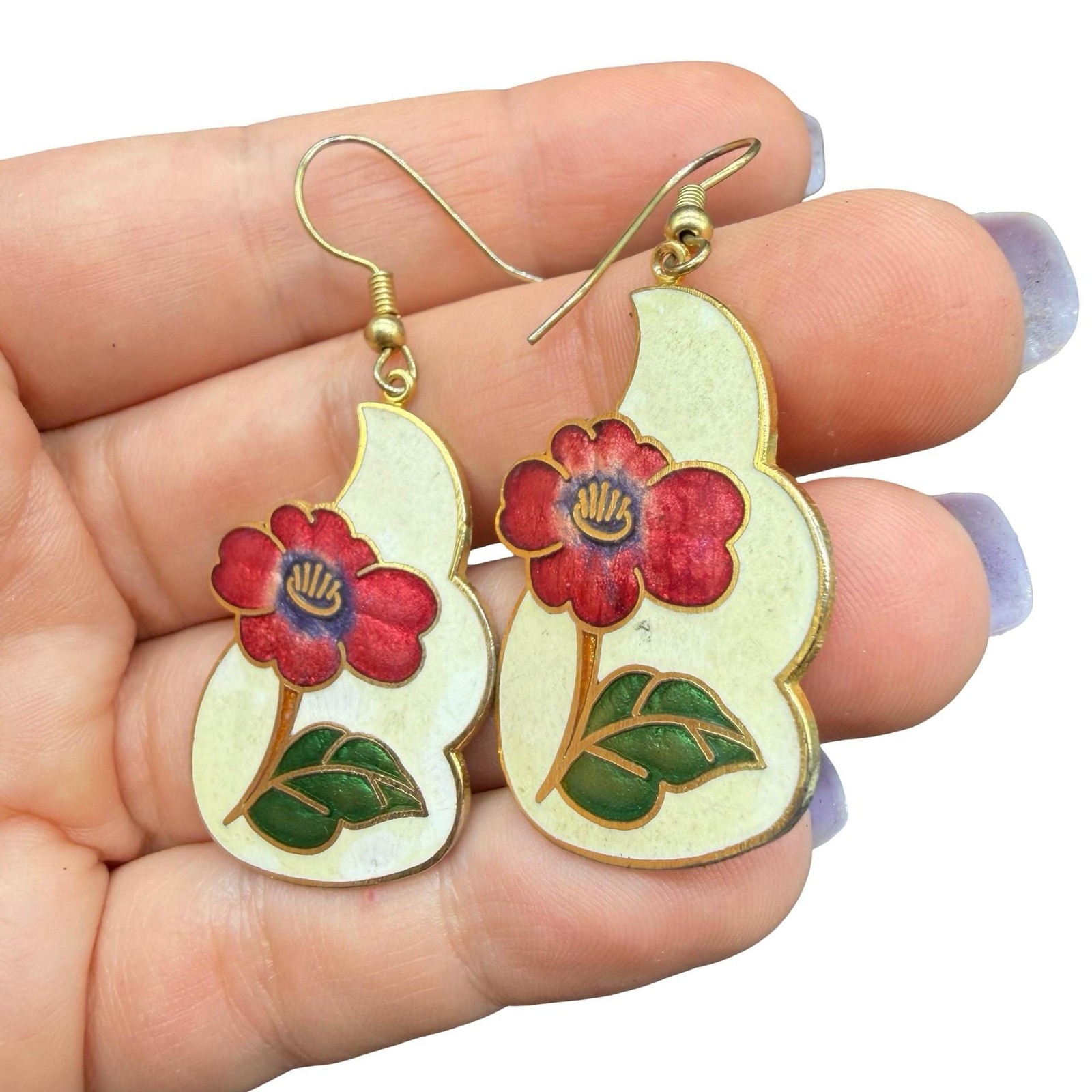 Vintage Jewerly Poppy Flower Cloisonne Earrings Red Floral Earrings