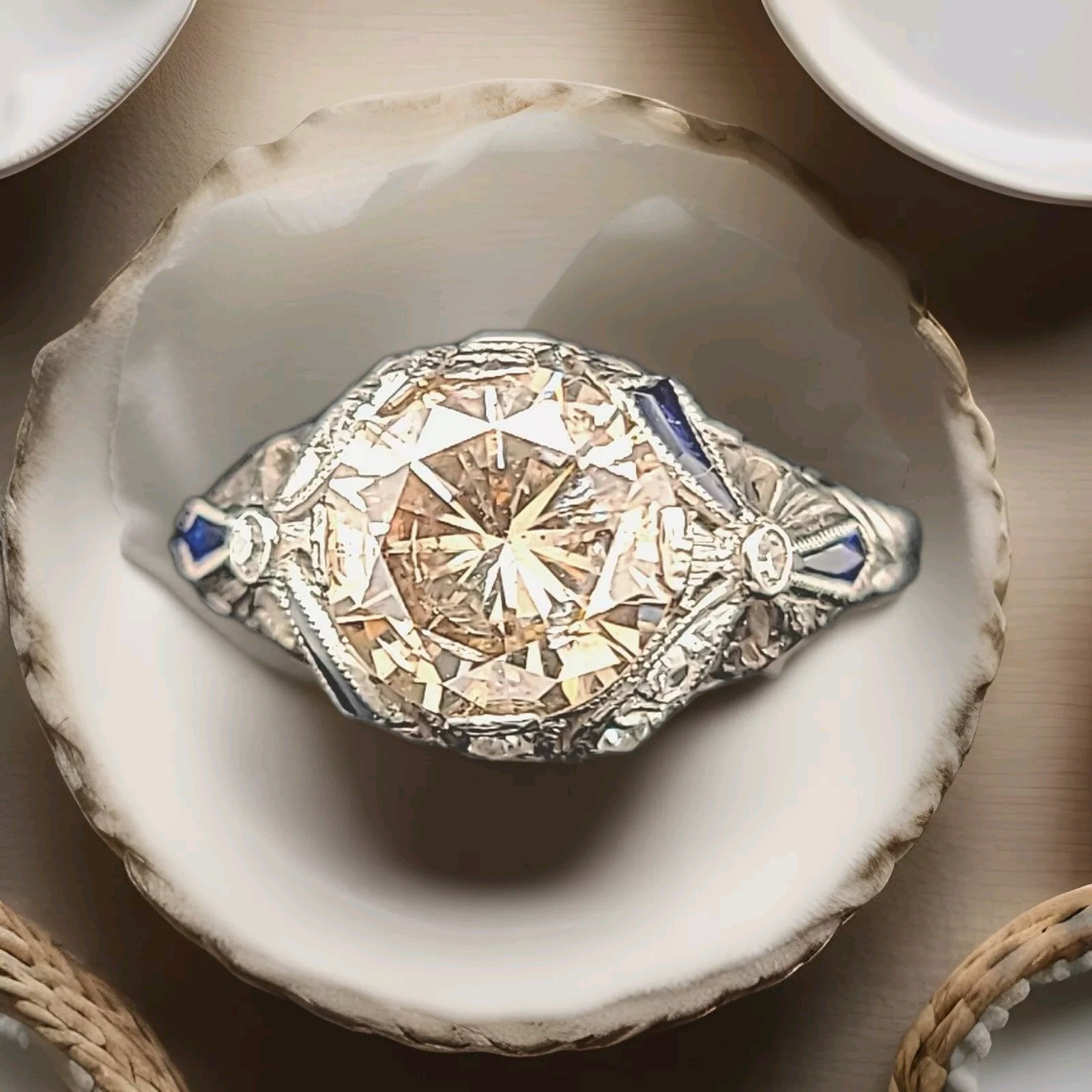 18k White Gold Vintage Filigree Engagement Ring 2.65ct Round Champagne Diamond