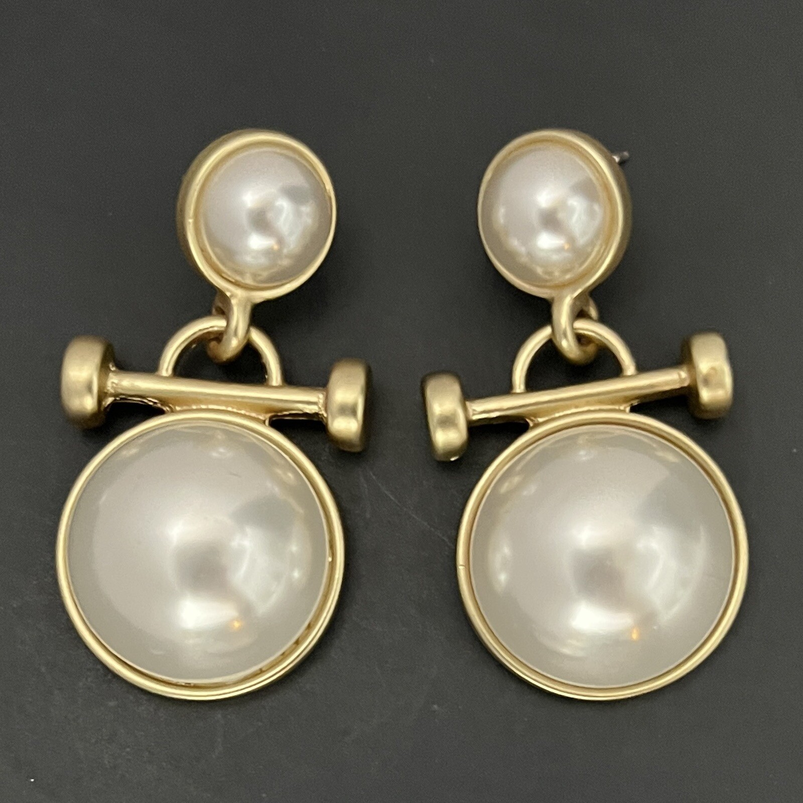 Byzantine Faux Pearl Cabochon Earrings Green Gold Tone Pierced Etruscan Revival