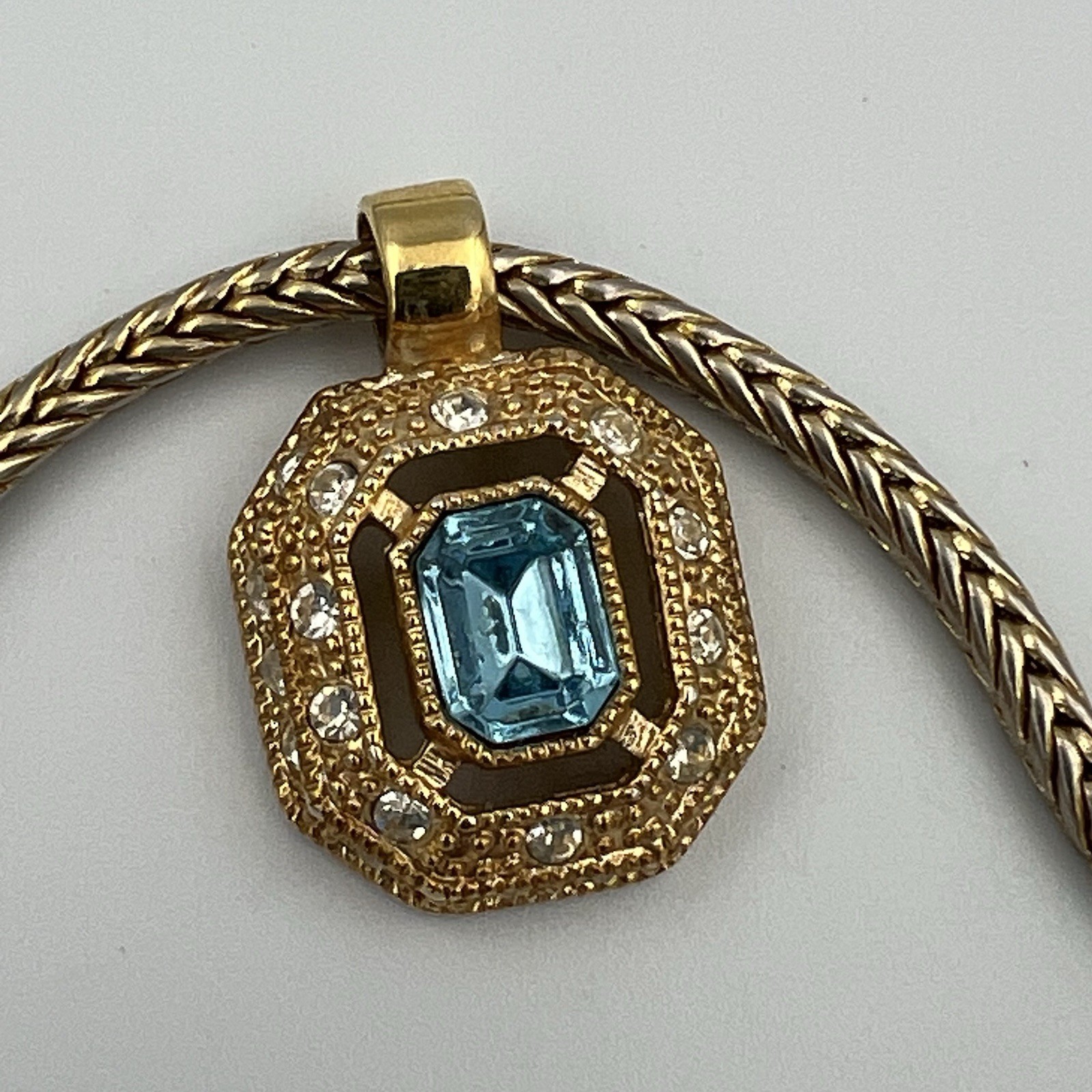 Vintage Roman Gold Tone Wheat Chain Necklace Signed Blue Glass Pendant