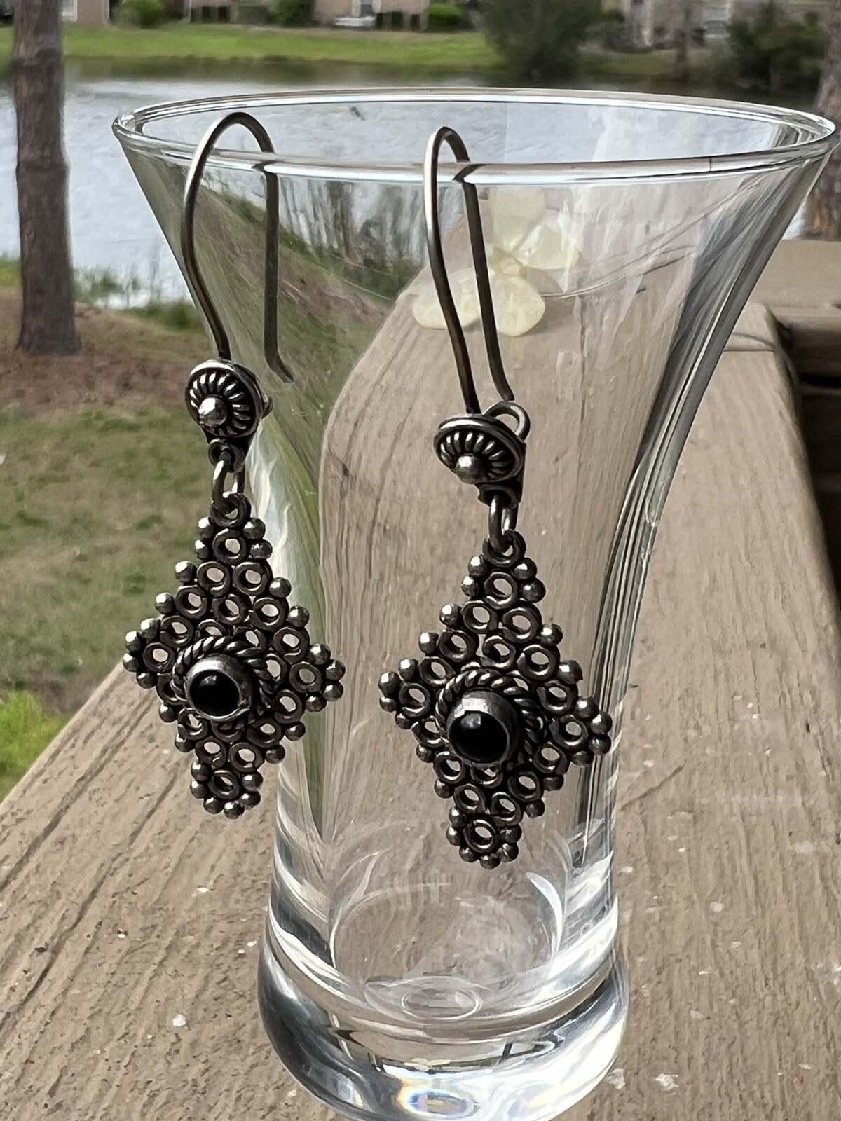 Vintage 925 sterling silver Lozenge Shape dangle Silver earrings with Round onyx