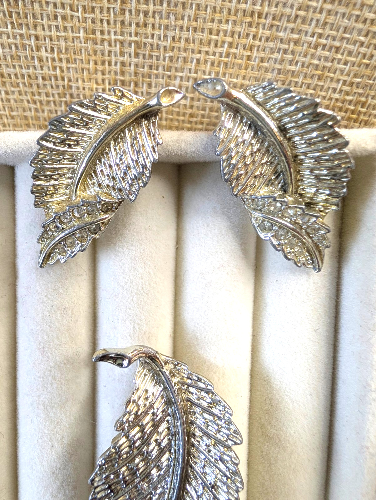 Vintage Sarah Coventry Silver Tone Leaf Brooch & Clip Earrings Set Rhinestone Ac