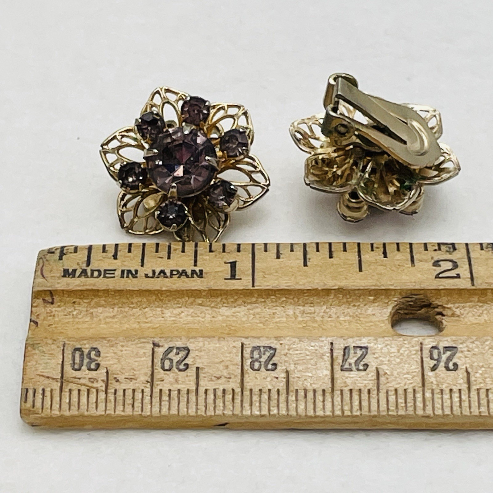 Purple Rhinestone Floral Cluster Clip on Earrings Lacy Gold Tone Metal VTG