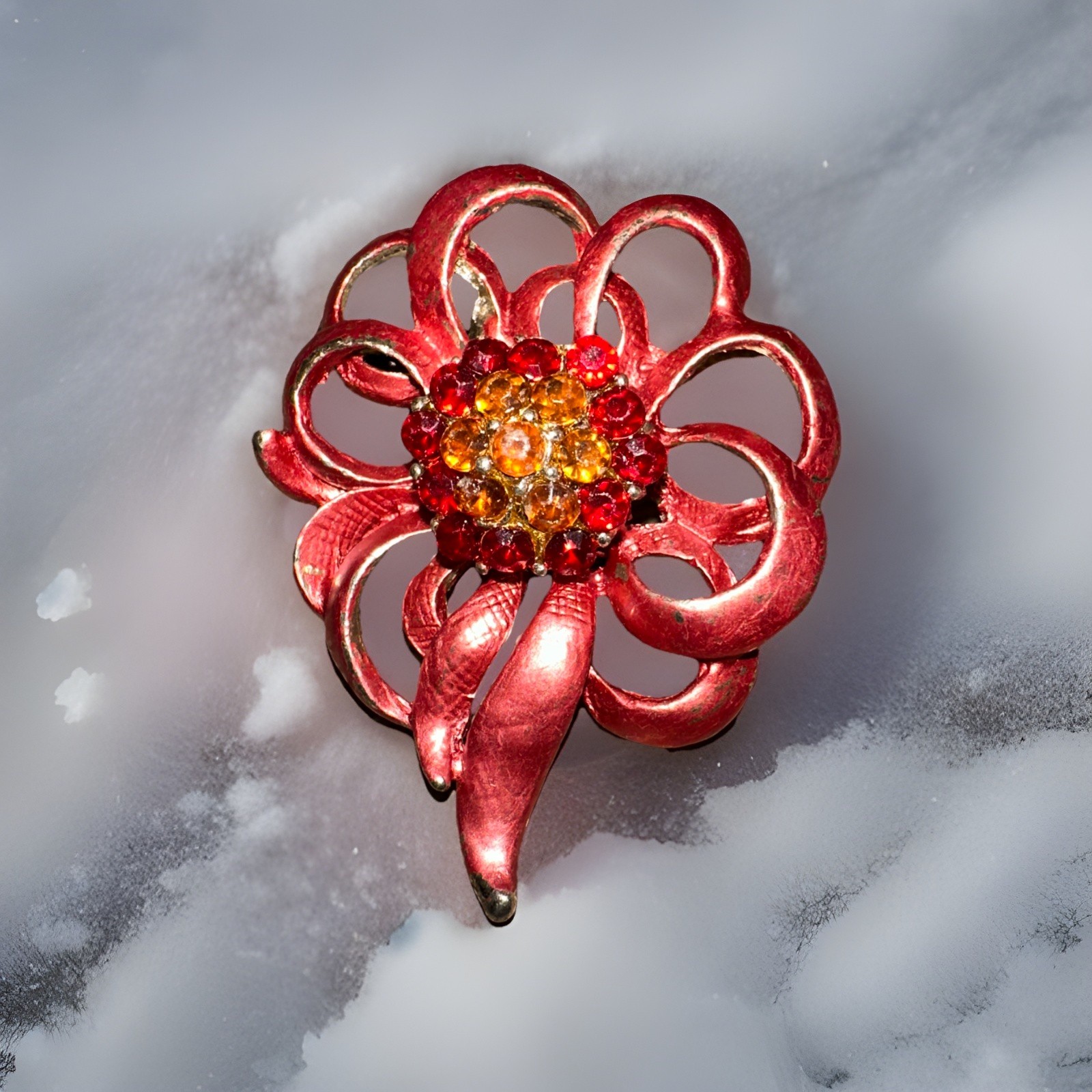 Vintage Brooch Red Ribbons Bow with Yellow & Red Center Stones