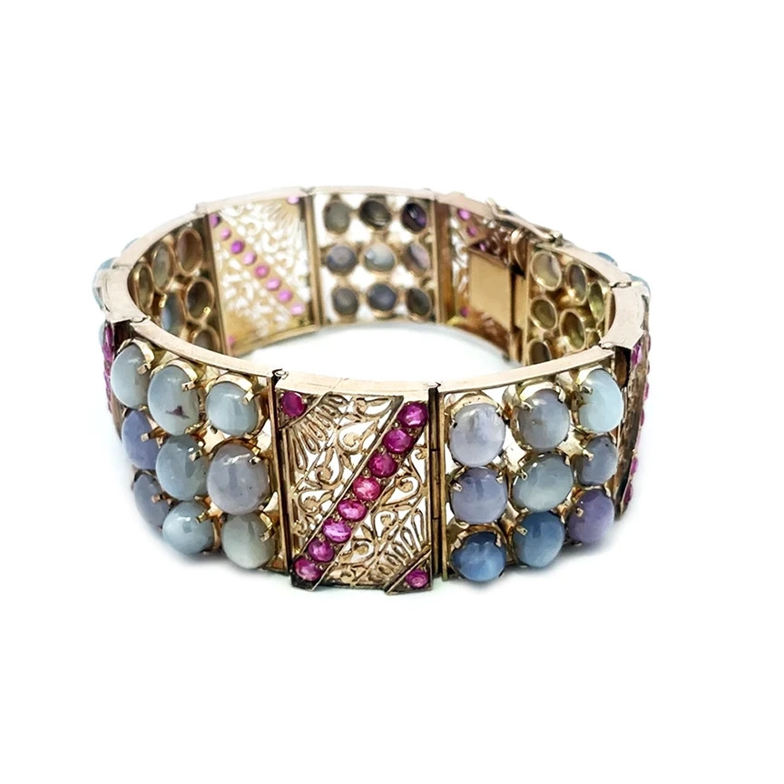 Ruby Star Sapphire Gold Bracelet 8k Art Deco White Filigree Rectangle Links