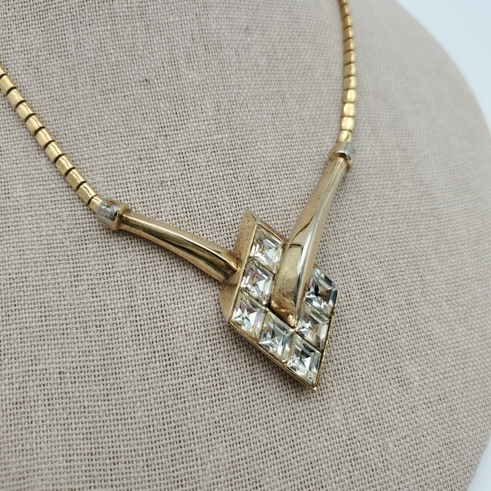 Trifari Alfred Philippe Gold Necklace Clear Rhinestone Lozenge Choker Channel