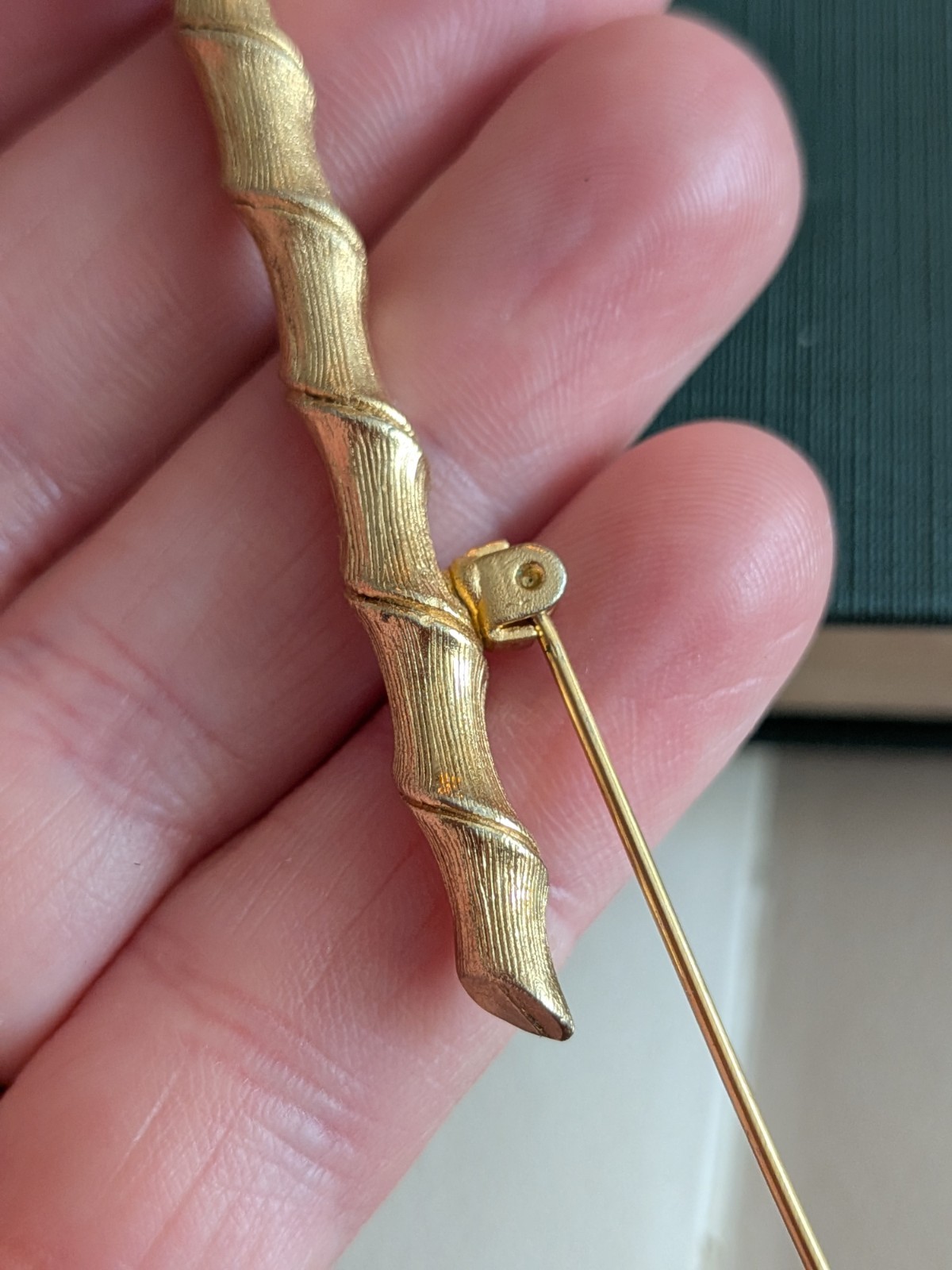Vtg Organic Bamboo Bar Pin Gold Tone Branch Shaped Mid Cen Brooch Nature Inspire
