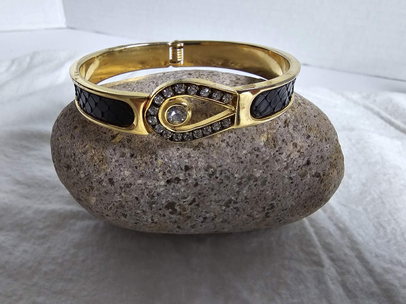 Goldtone Rhinestone Black Faux Leather Hinged Bracelet Oval Shaped 2.5″ x 2″