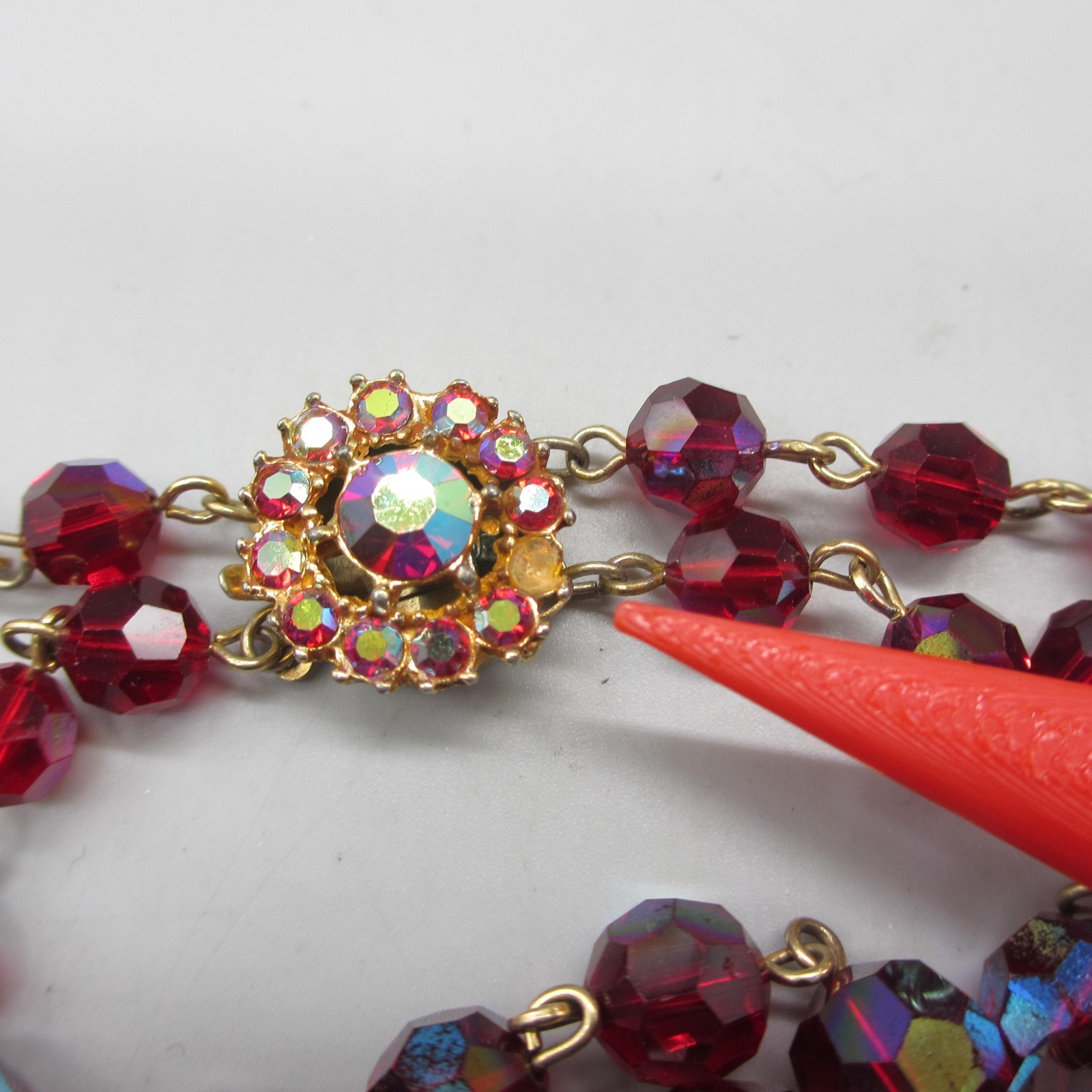 Bergere Necklace Glass AB Bead Red Festoon Tassel Rhinestone ONE MISSING RS 20″