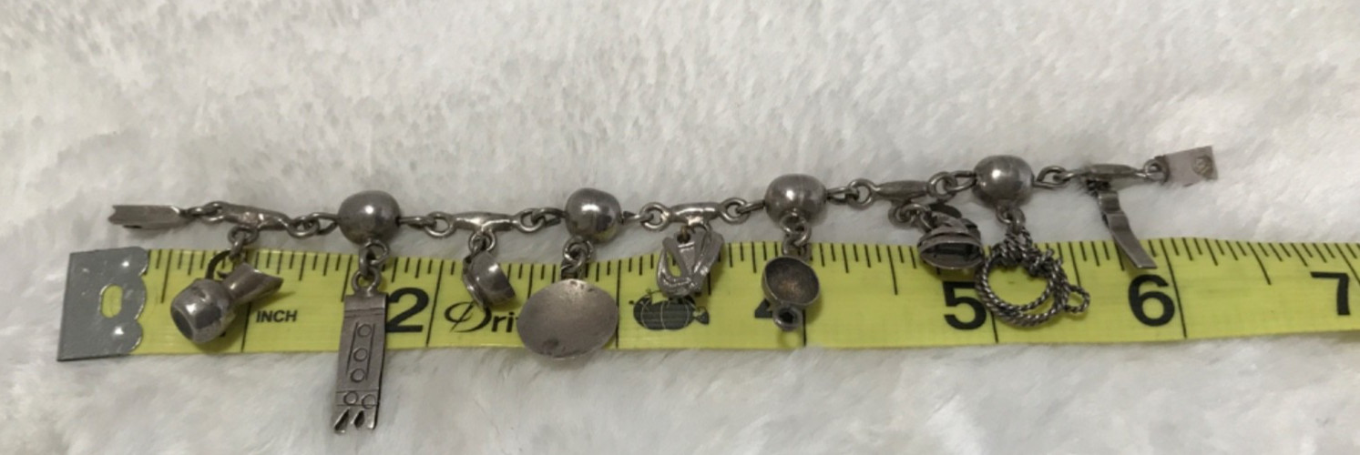 Vintage Handmade Mexican Sterling Silver 925 Charm Bracelet 9 Charms