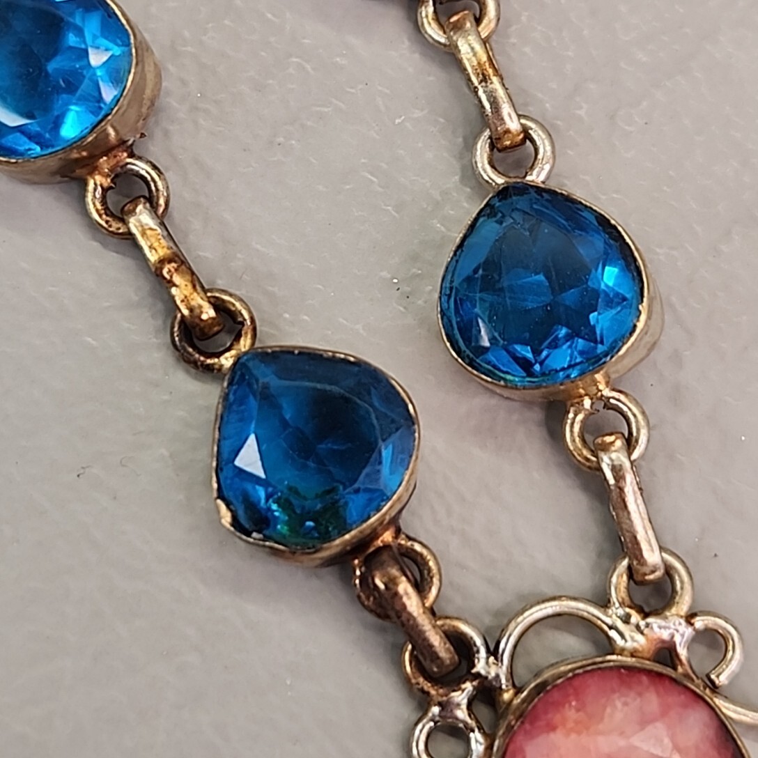 Vintage Glass Bead Necklace Blue Beads Pink Quartz Artisan Silver Tone 18.75″