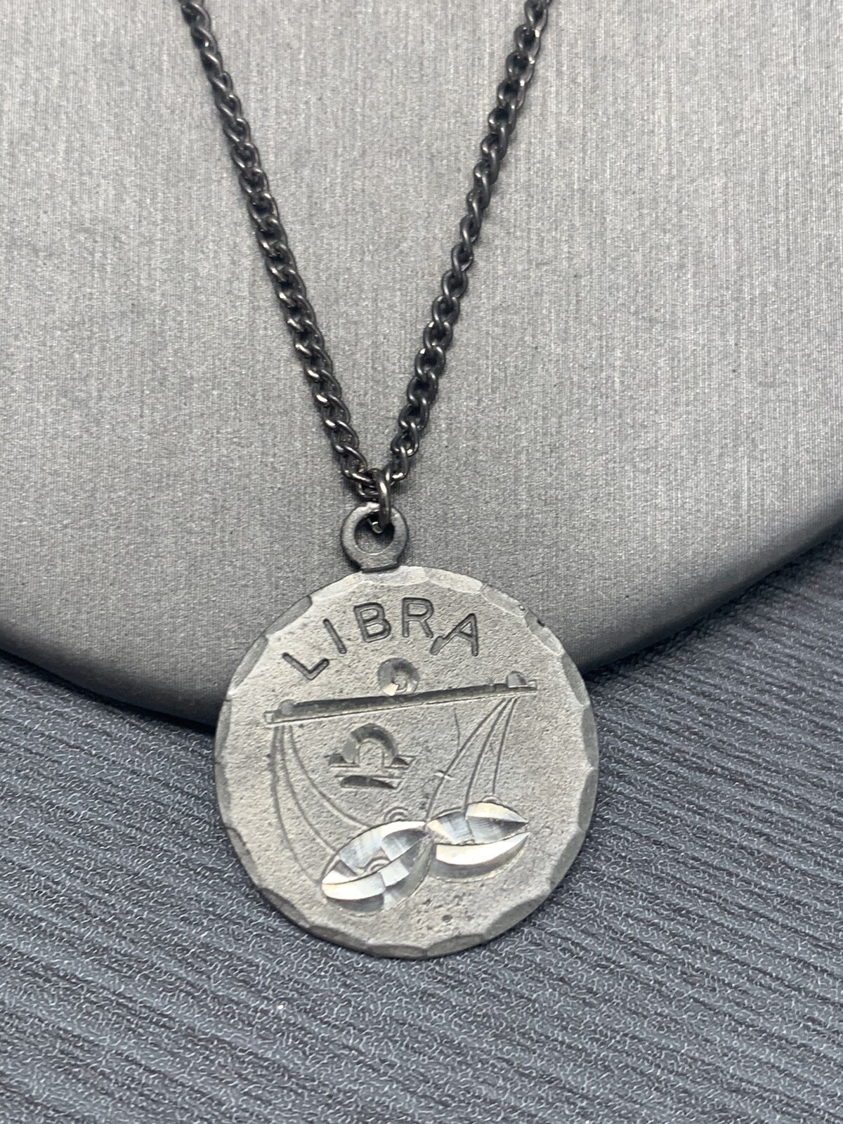 Vintage Pewter BDA Zodiac astrology Libra Horoscope Pendant Necklace 18”