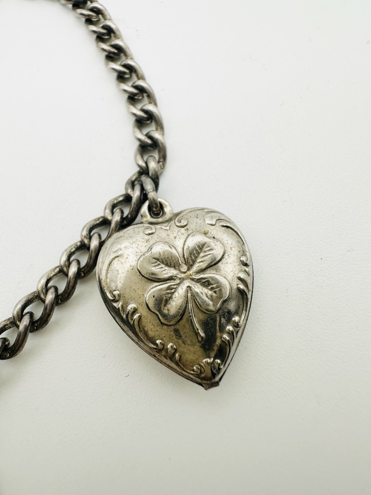 Antique Victorian Sterling Silver Puff Heart Charm Bracelet 7.5”