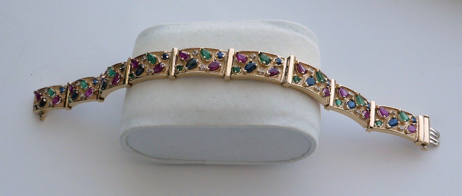 Vintage 14K Yellow Gold Ruby Emerald Sapphire Diamond Link Bracelet 7.25”
