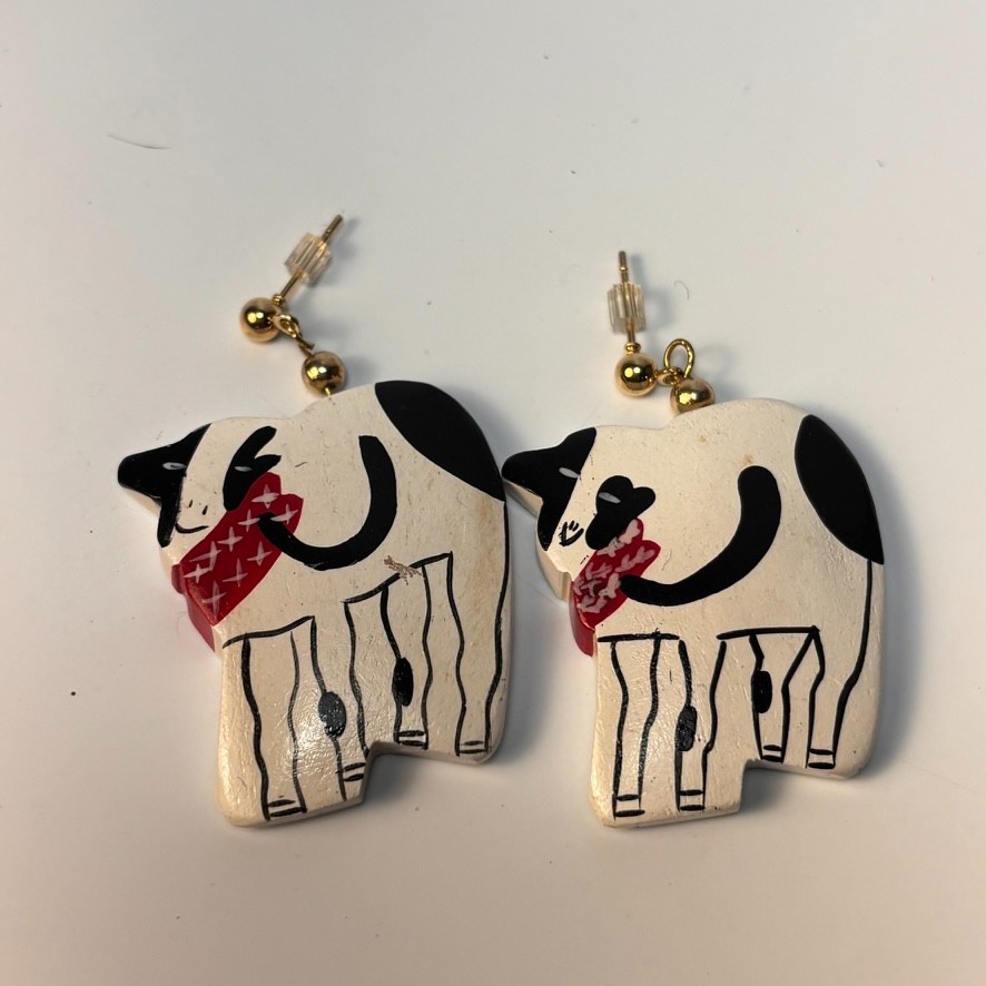 Vintage Necklace Earrings Hand Painted Cow Chunky Huge