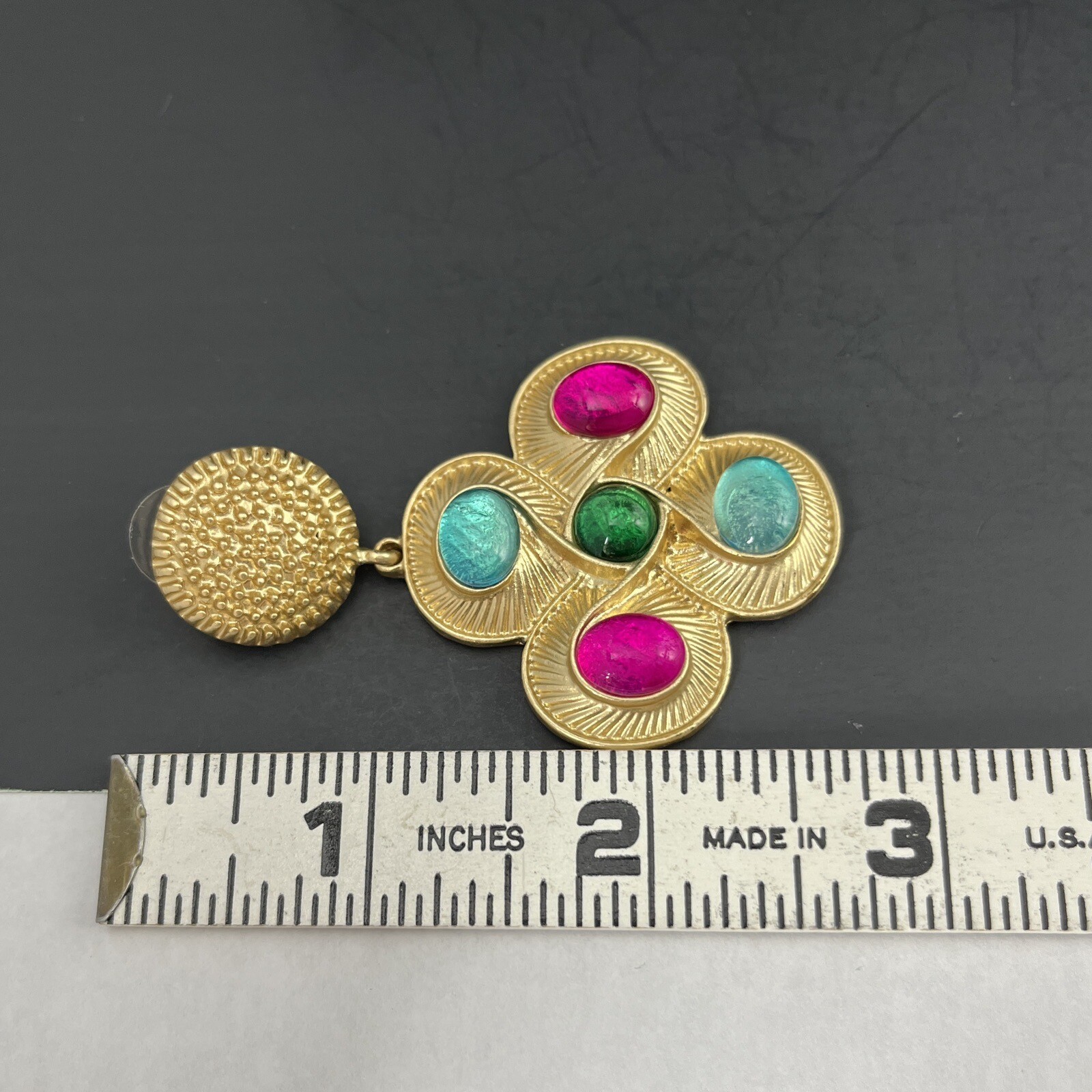 Maltese Cross Gripoix Earrings Glass Cabochon Matte Gold Tone Pierced Pink Blue