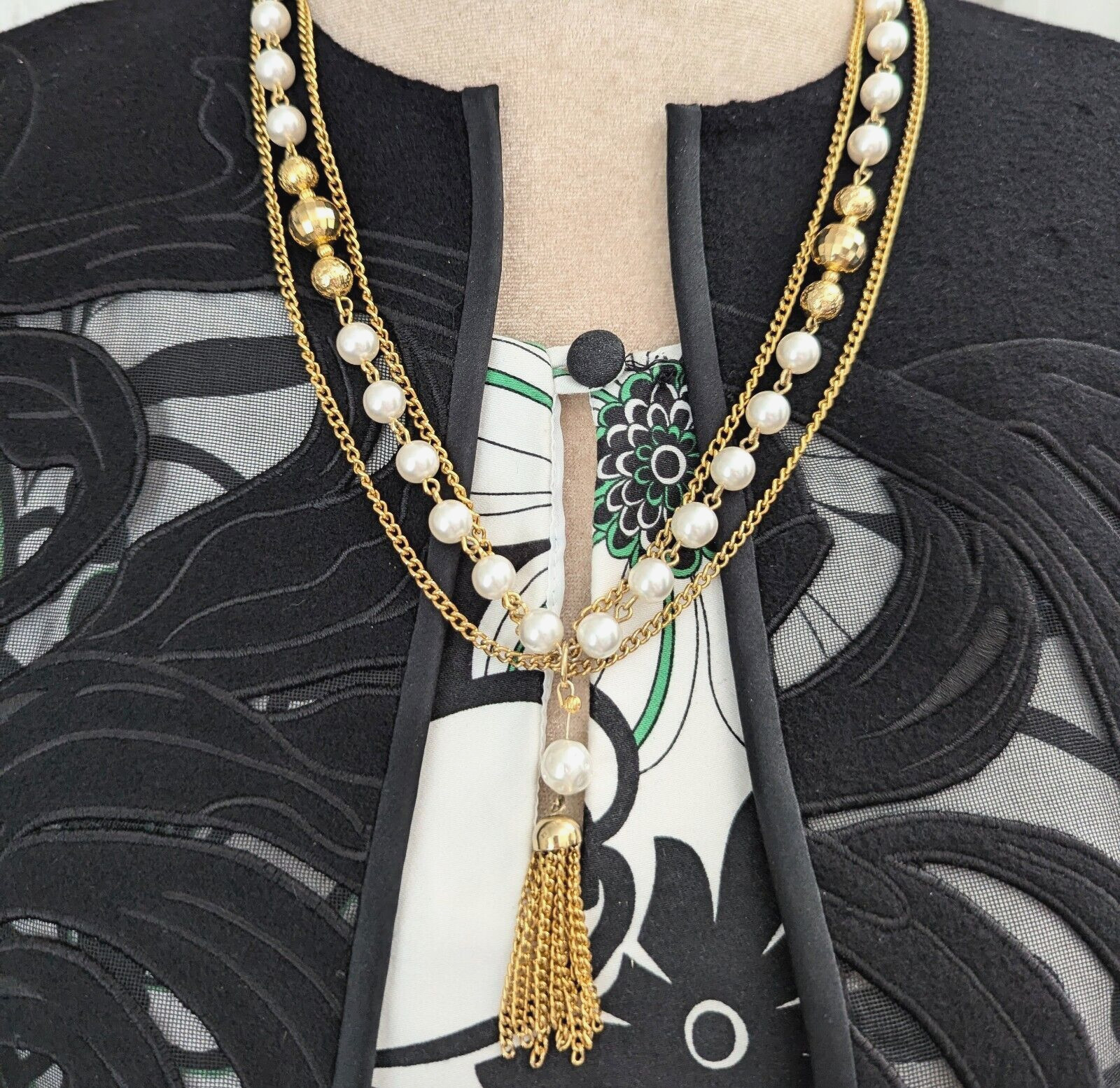 Long Tassel Fringe Necklace Faux Pearl Multi Chain Layered Bold Vintage Jewelry