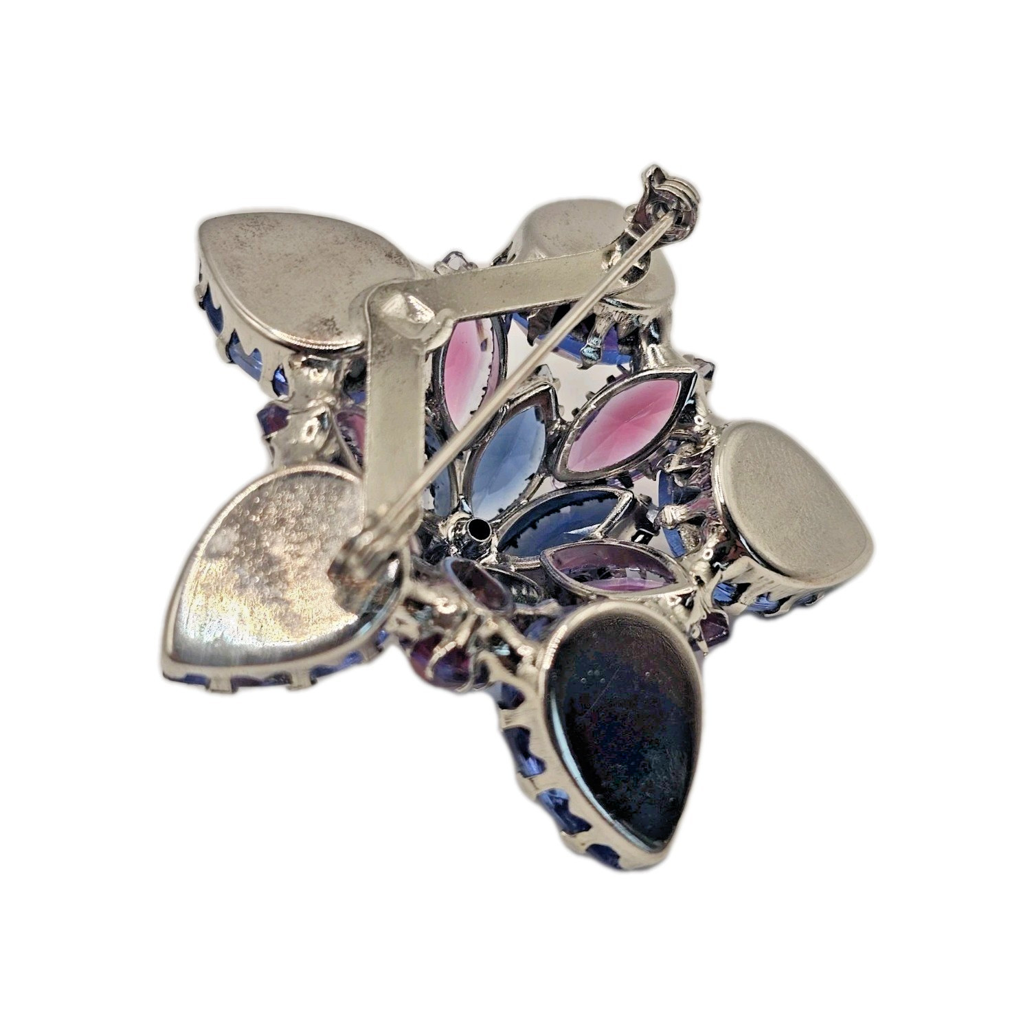 VTG Starburst Domed Purple Blue Pink Vitrail Glass Rhinestone Brooch Silver Tone