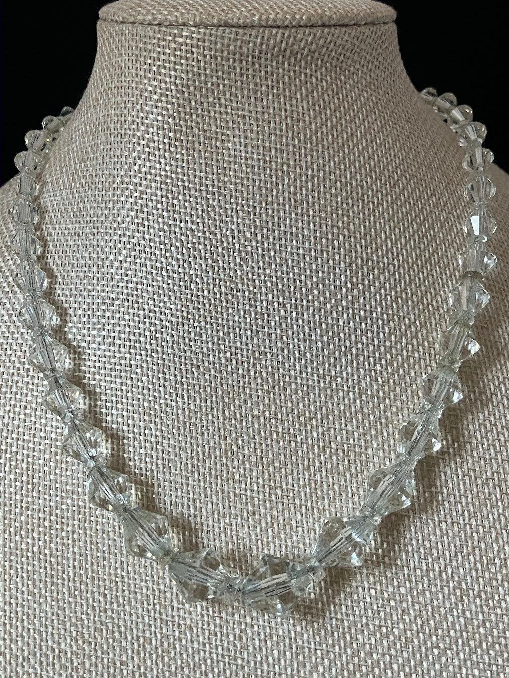 Vintage Art Deco Faceted Crystal Necklace Silver Chain Faceted Bi-cone Beads 16″