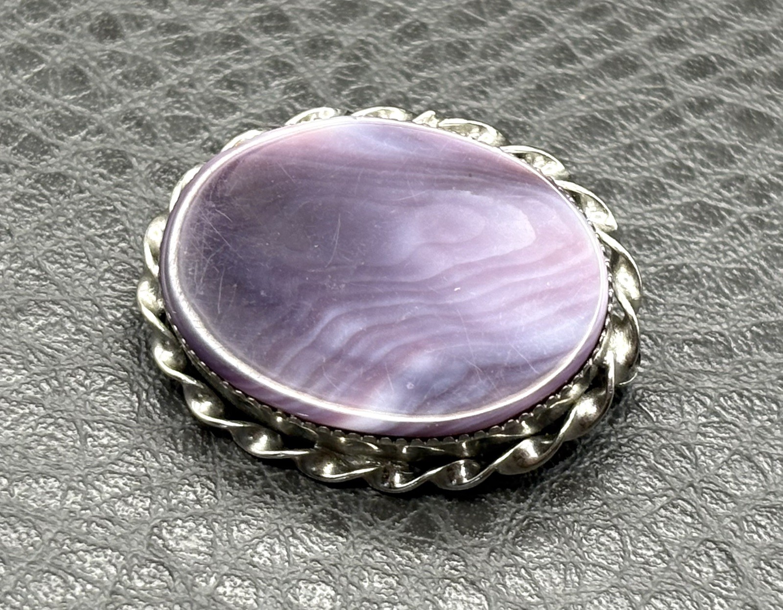 Vintage Silver Tone and Purple Shell Resin Pin Brooch