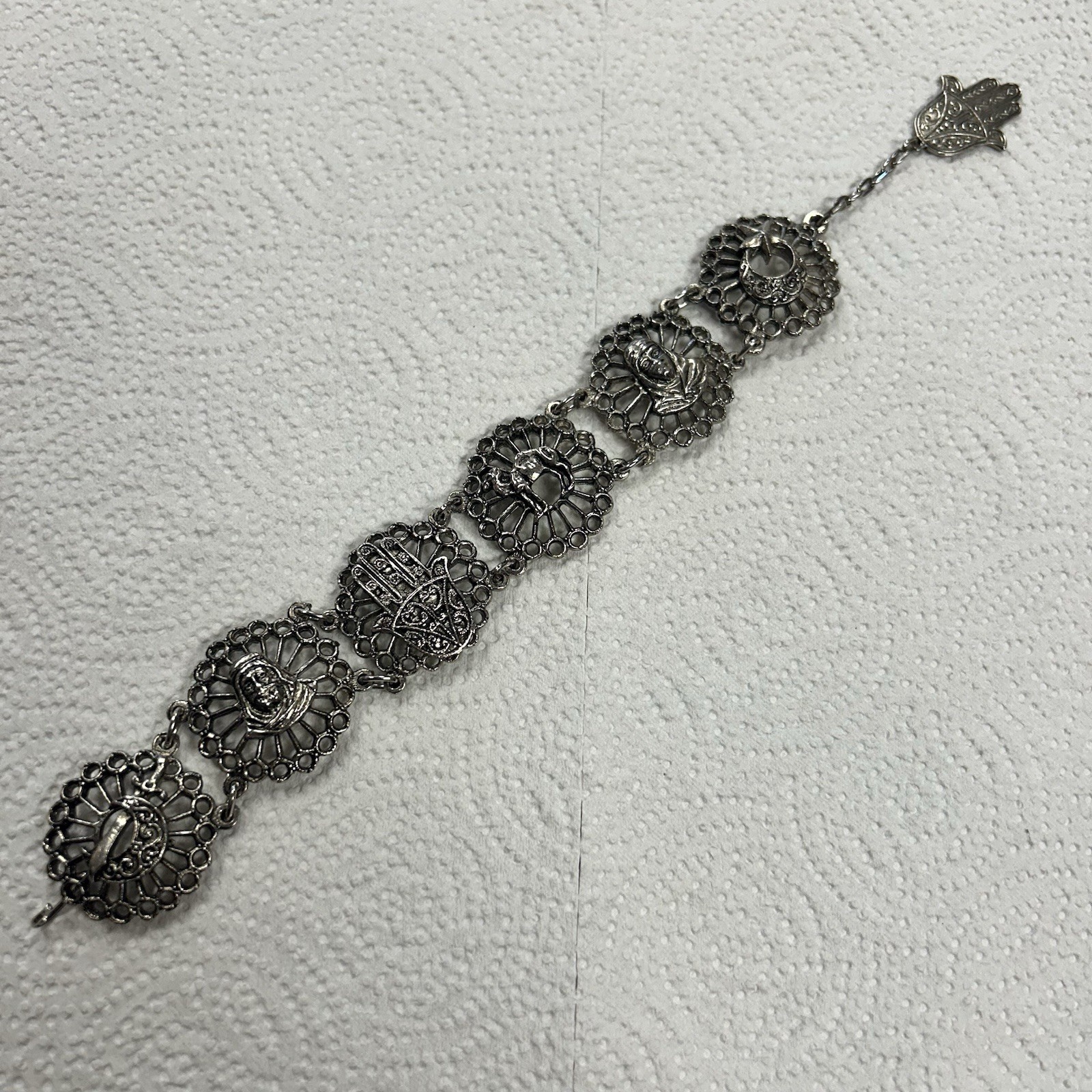 Vintage Souvenir Du Maroc Silver Bracelet Armenian Hamsa Moon Star Camel Travel