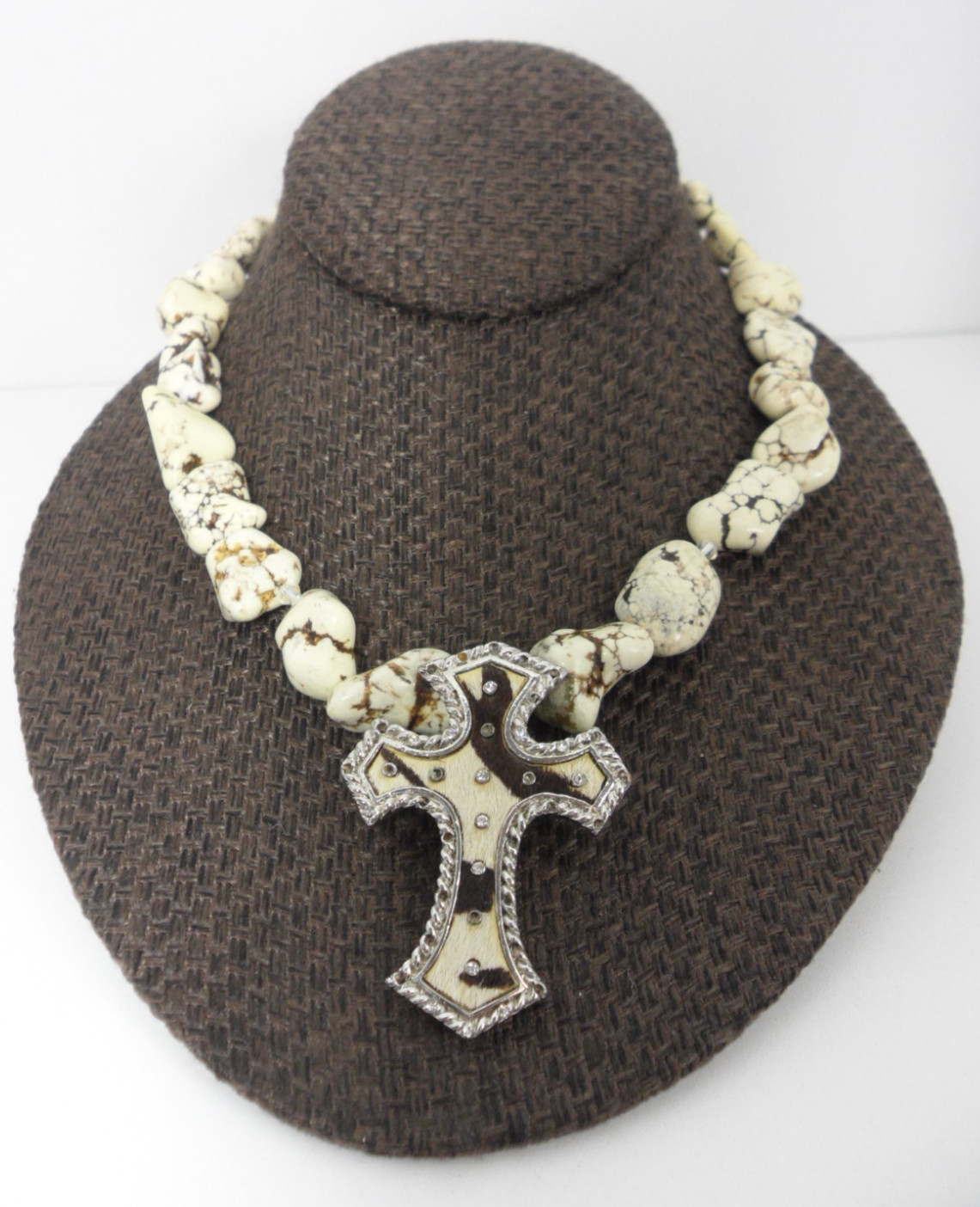 Cowhide Cross Pendant Necklace White Turquoise Nugget Beads Country Cow Girl Vtg