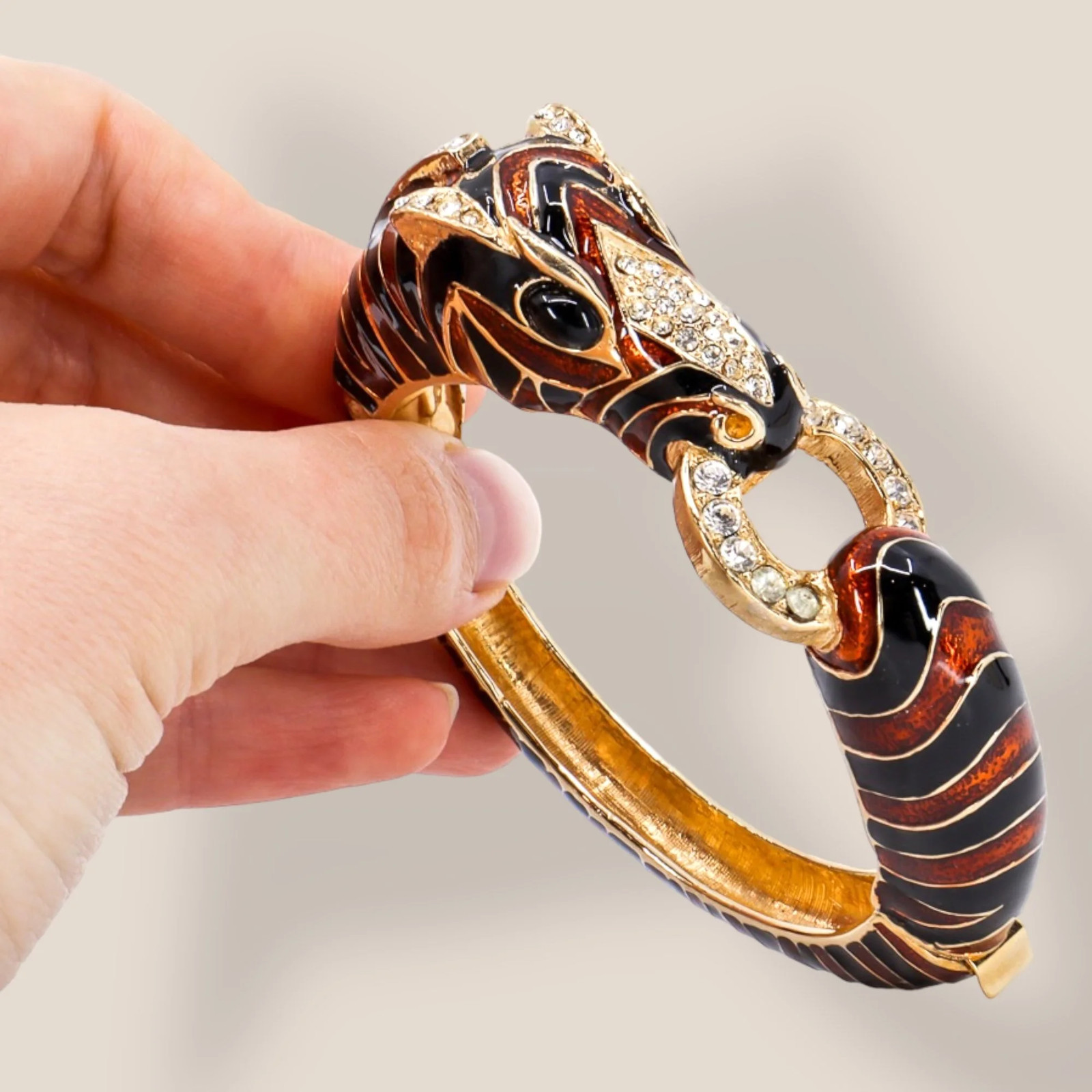 CINER, Signed Vintage, 18k Gold Plated, Enamel & Crystal Zebra Bracelet