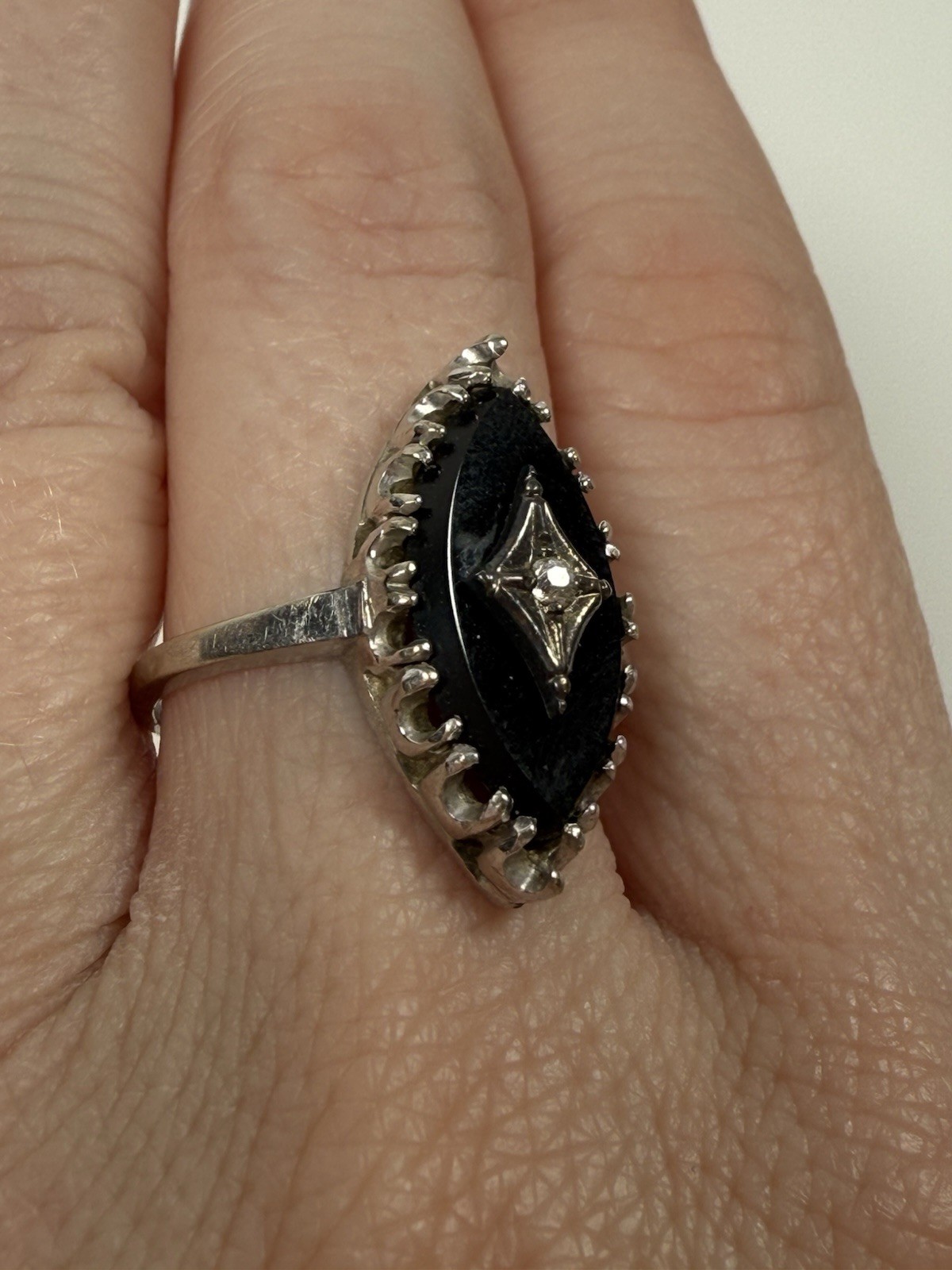 Vintage Art Deco 14k White Gold Marquise Black Onyx Diamond Ring Size 7