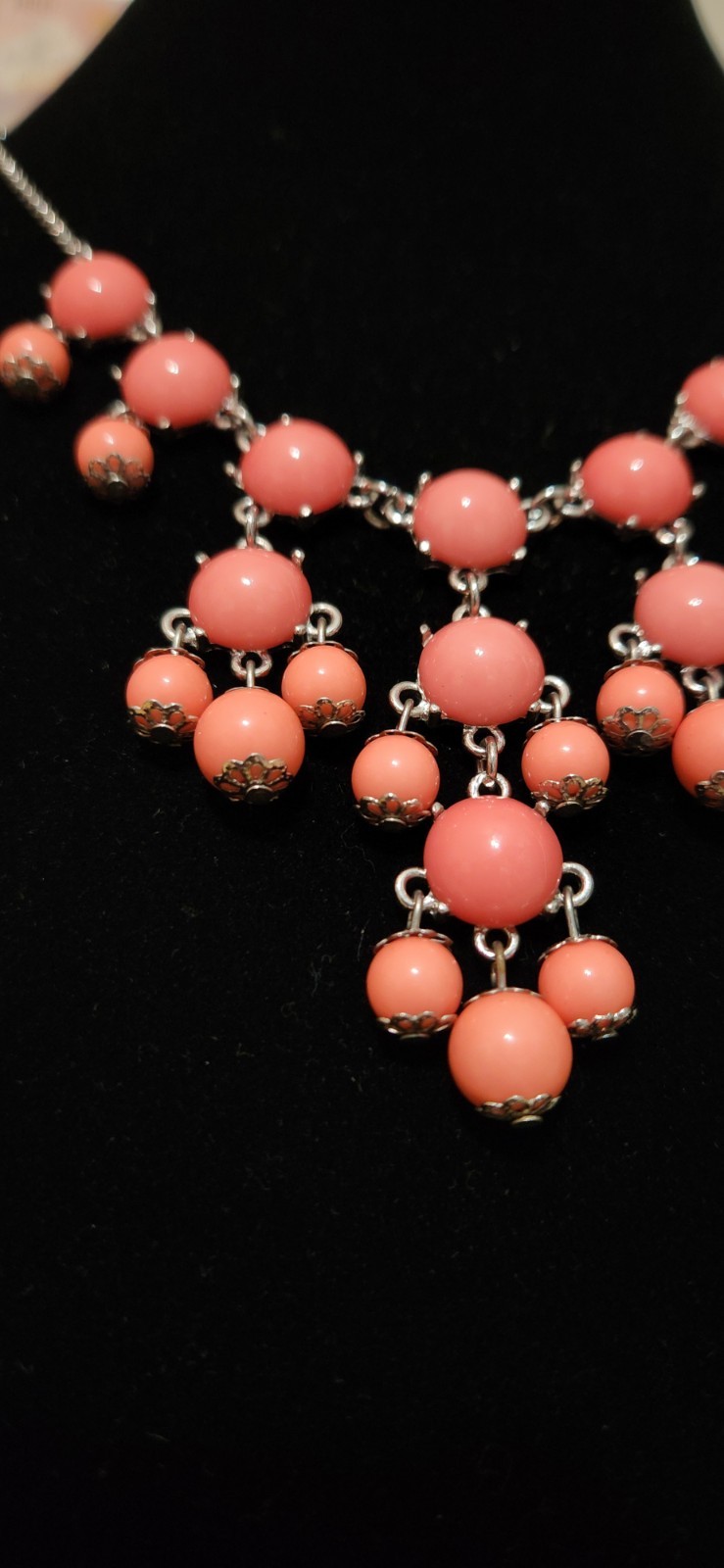 VTG Salmon Color Lucite Chandelier Silver Tone Necklace