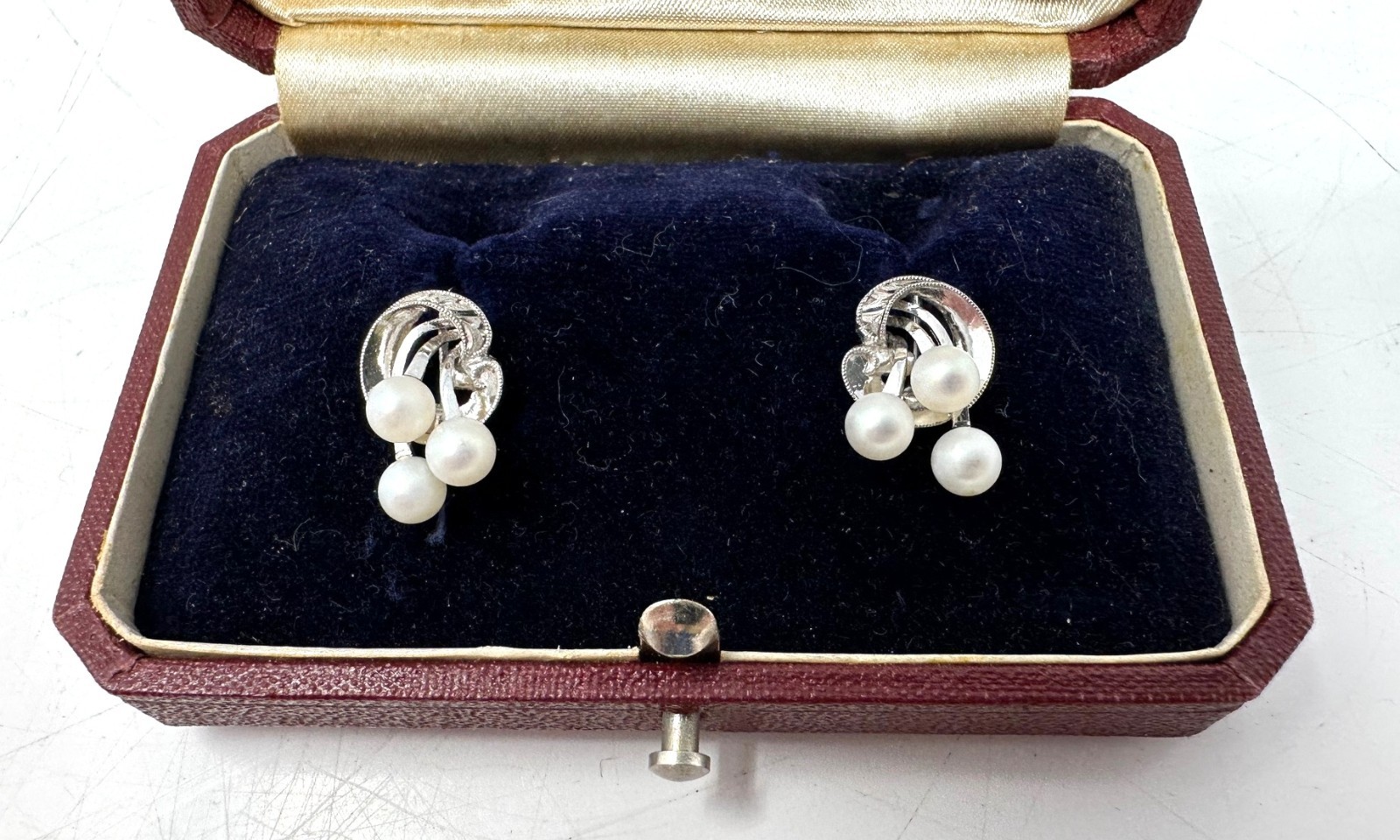 Vintage Mikimoto Pearl Press-On Earrings In Mikimoto Red Box