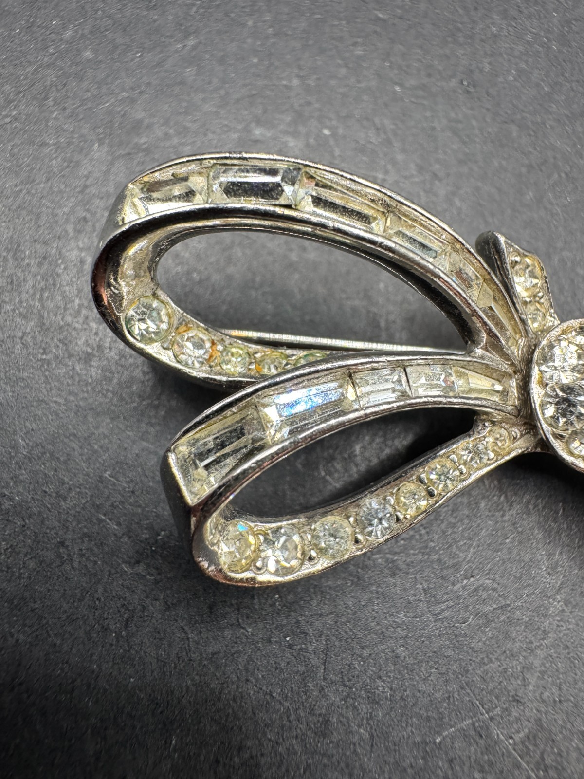 Vtg Marcel Boucher Bow Brooch Pin SIlver Tone Emerald Cut and Round Crystal 5266