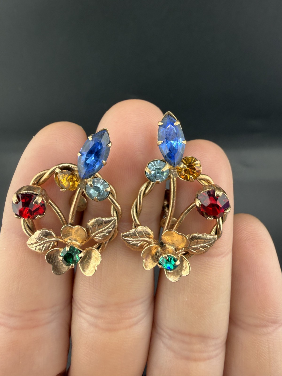 Vintage Austrian Earrings Blue Red Green Rhinestone Gold Tone Screw Back