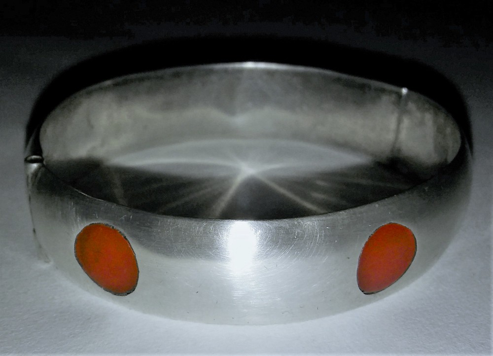 Vintage Mexican Silver Bracelet Taxco Red Polka Dot Bangle Frida Style Era Antiq