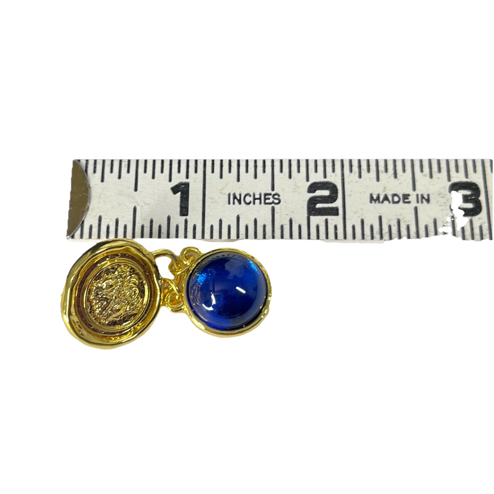 Gold Tone Etruscan Coin Dangle Earrings Blue Glass Cabochon Pierced Gripoix