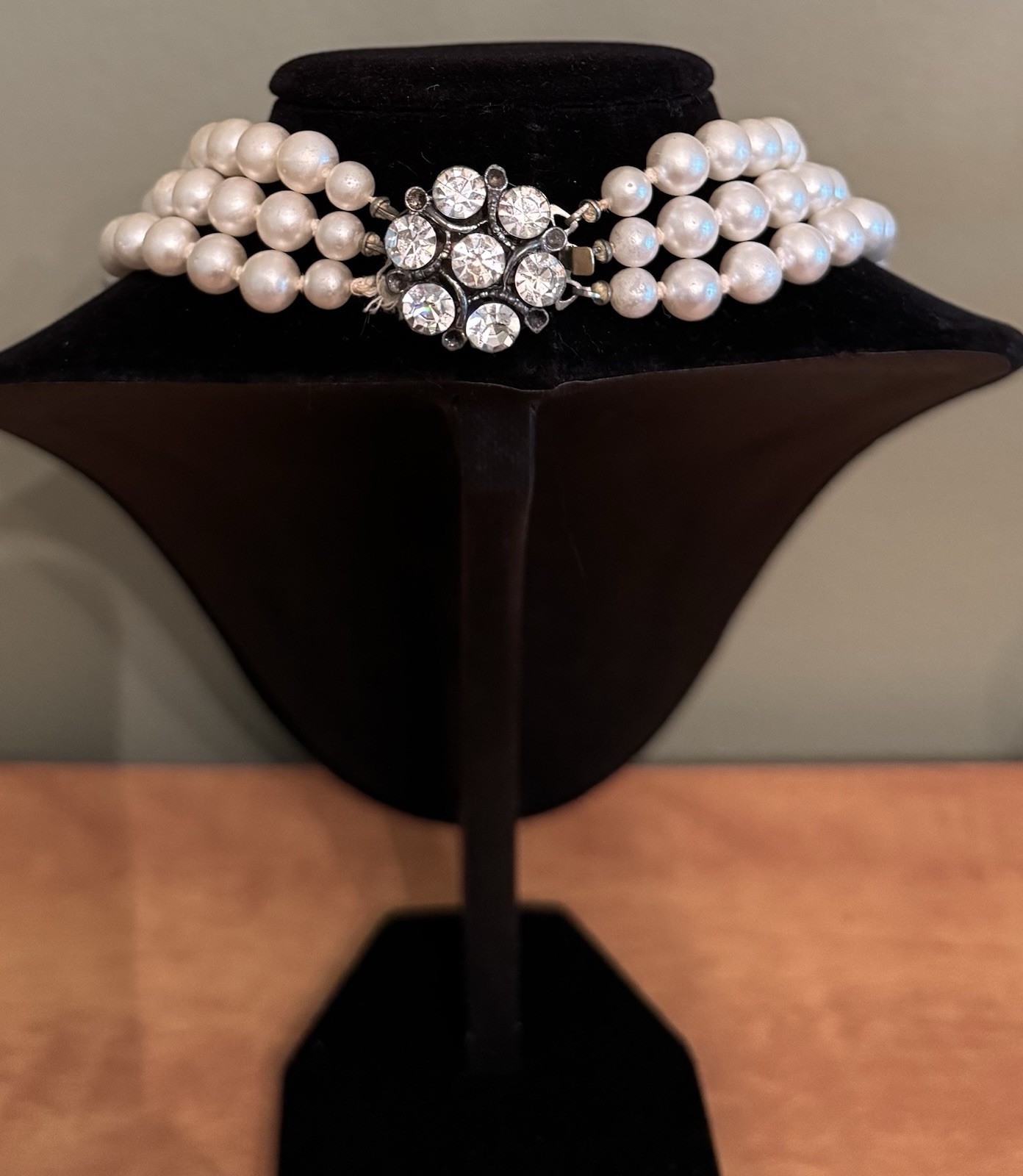 Antique Three Strand Hand Knotted Pearl Graduated Necklace Rhinestone Clasp
