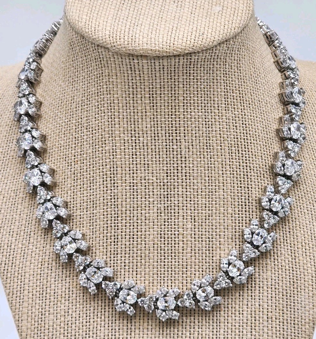 VTG Art Deco Silver prong Rhinestone Floral Cluster Collar Designer Necklace
