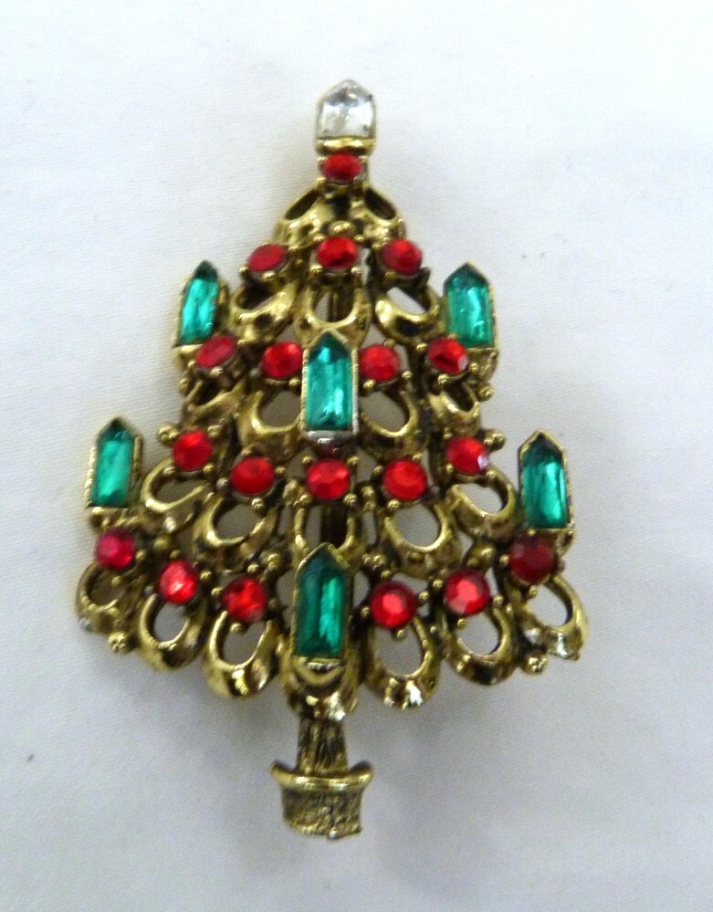 VINTAGE HOLLYCRAFT MCM CANDLES RED GREEN RHINESTONE ORNAMENTS CHRISTMAS TREE PIN