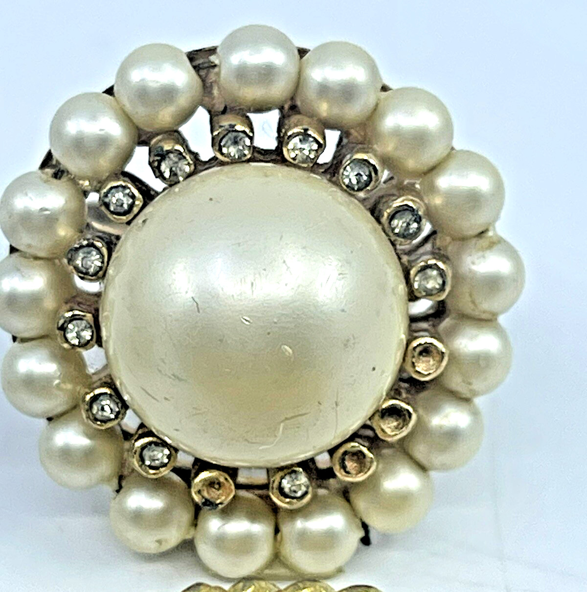 VTG MCM Pearl Gold Tone Brooch Clip- On Earring & Adjustable Ring LOT