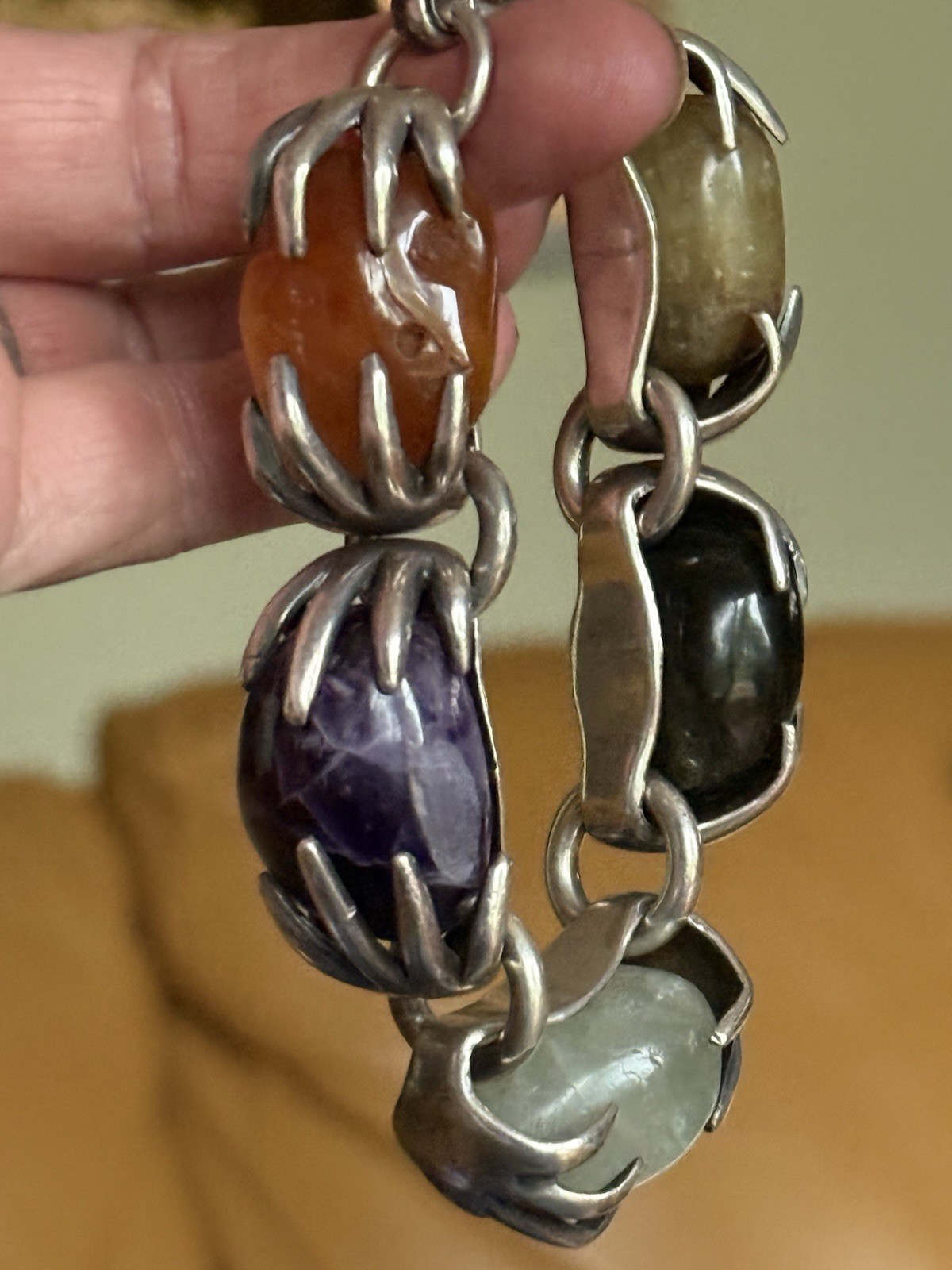 Vintage Las Castillo Mexican 925 Silver, five large gemstones unique bracelet .