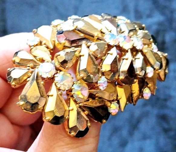 Vtg Crystal Gold Bronze Brooch Pin Lrg Rhinestones AB Openback Clasp for REPAIR
