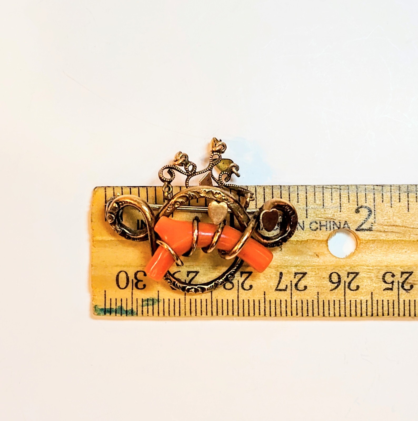 Antique 1800’s Victorian Gold Filled Red Coral Double Heart Love Knot Brooch/Pin
