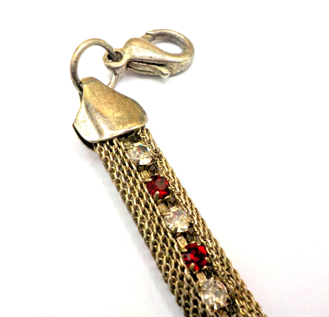 Vintage Mesh Silver-tone Bracelet with Red and White Rhinestones 7″