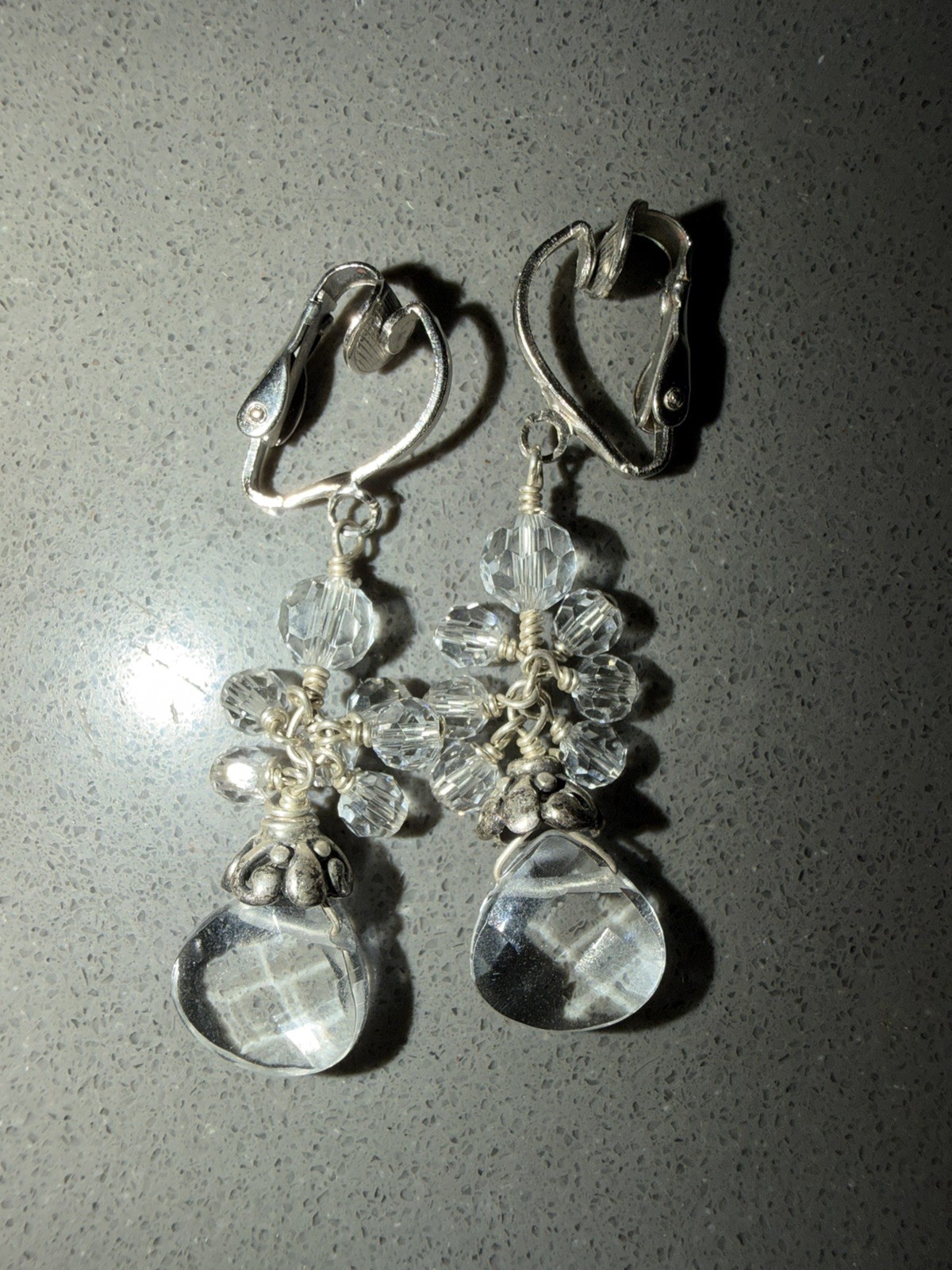 Handmade Crystal Cluster Clip On Earrings Faceted Teardrop Silver Tone