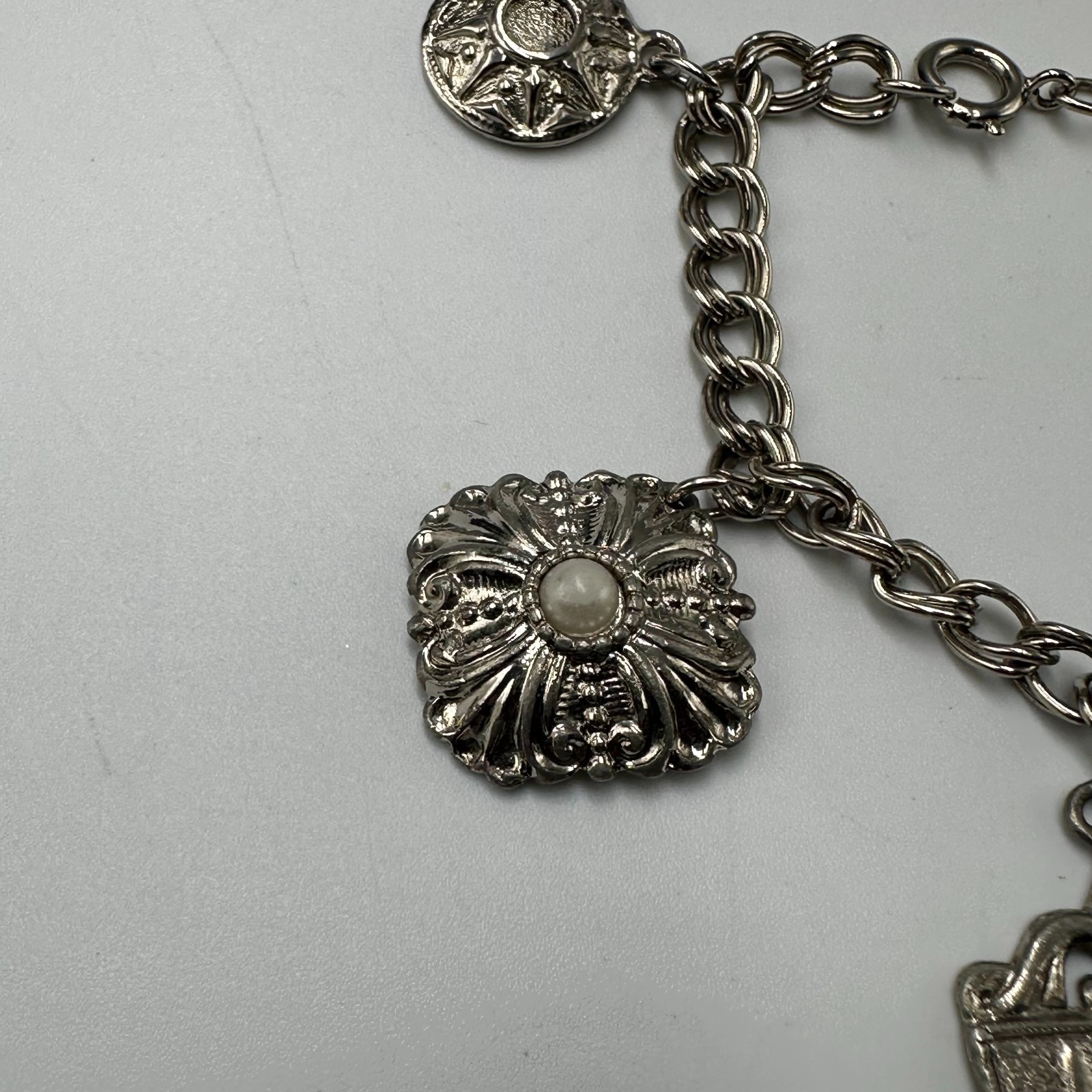 Vintage Charm Bracelet Silver Tone Filigree Embossed Faux Pearl Dangle Shields